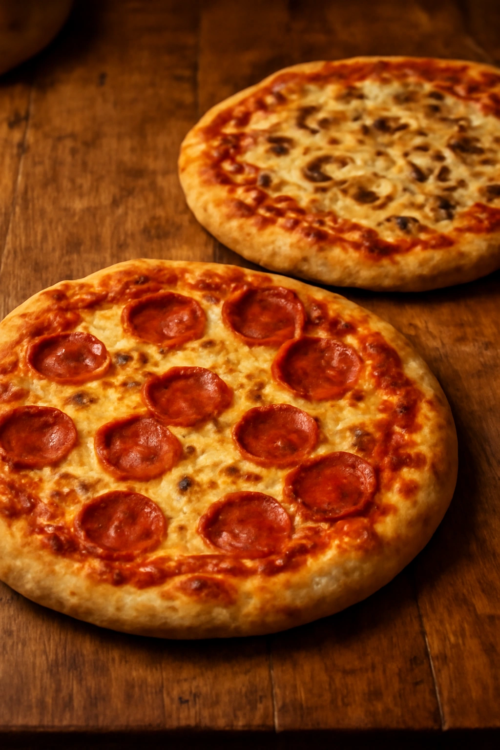 Two homemade pizzas on a wooden surface