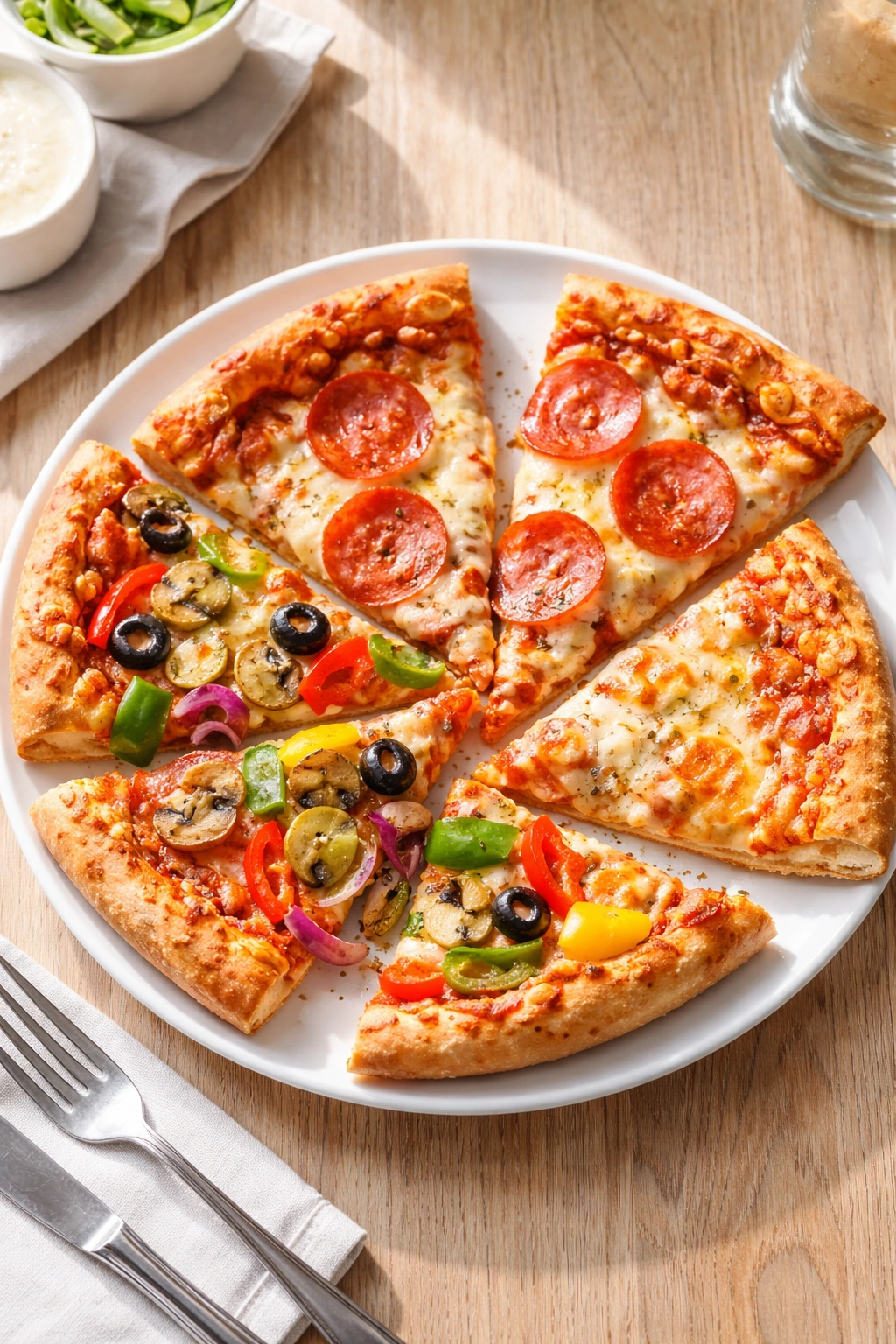 Slices of cold pizza on a plate at room temperature