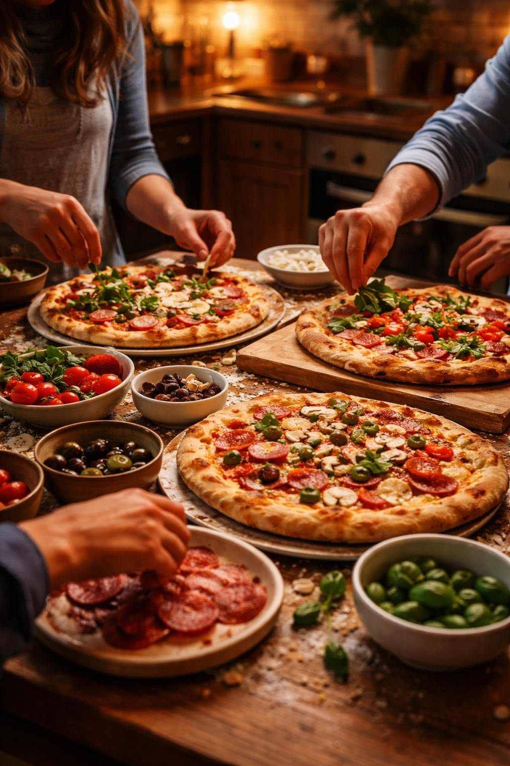Cozy family pizza night with homemade pizzas around a table