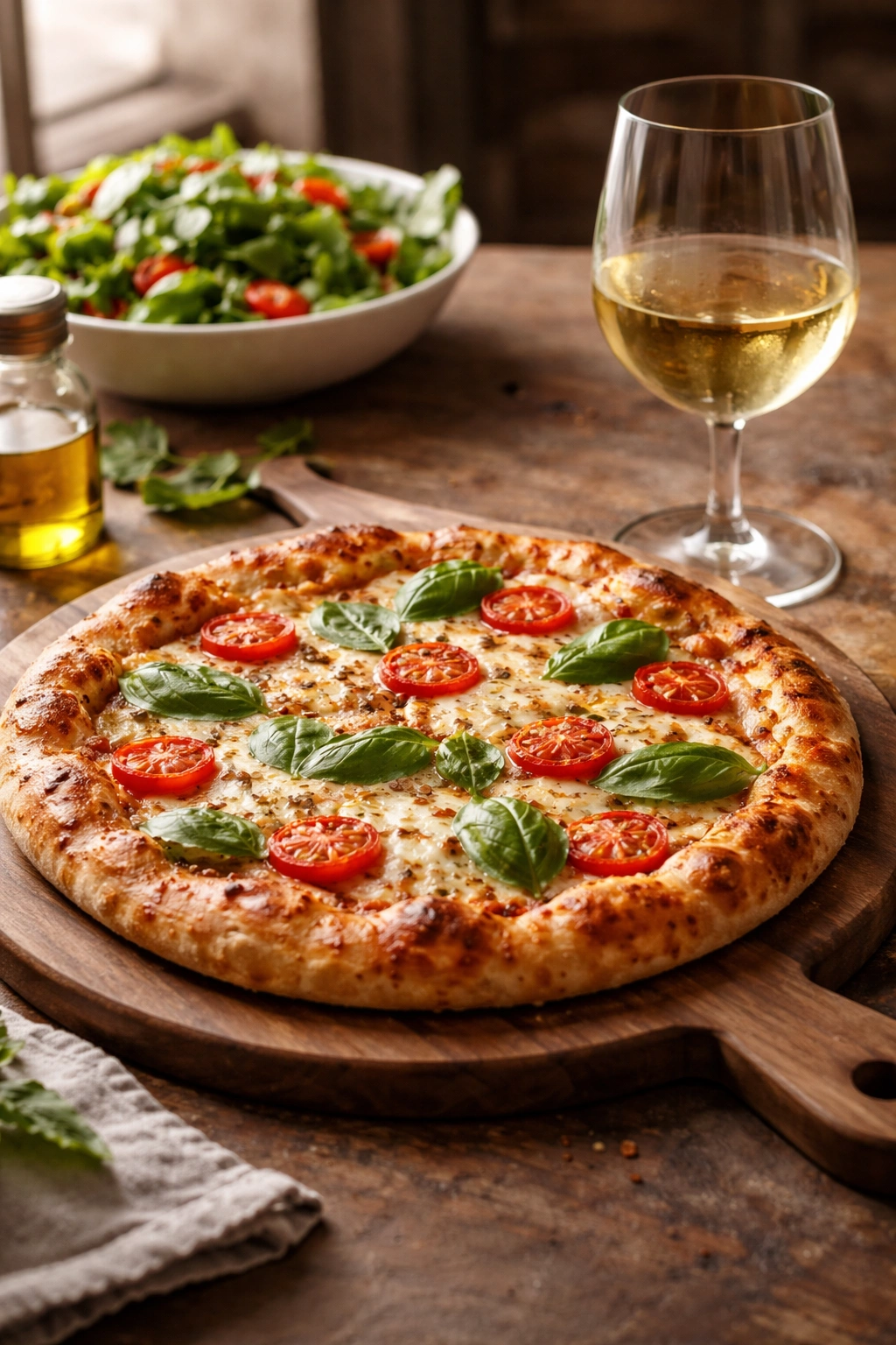 Pizza on wooden board with a glass of white wine beside it