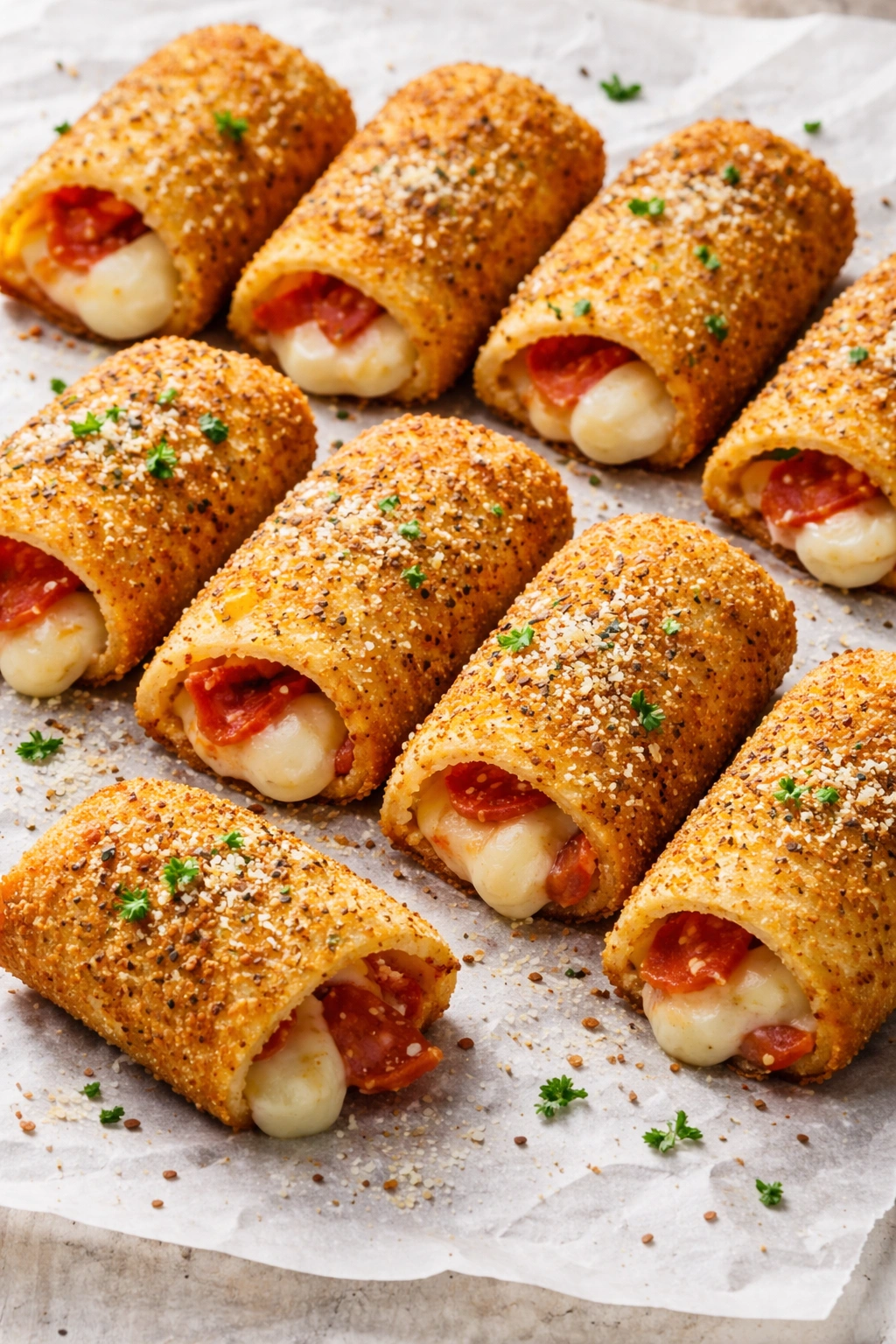 Close-up of pizza poppers showing melted cheese and pepperoni