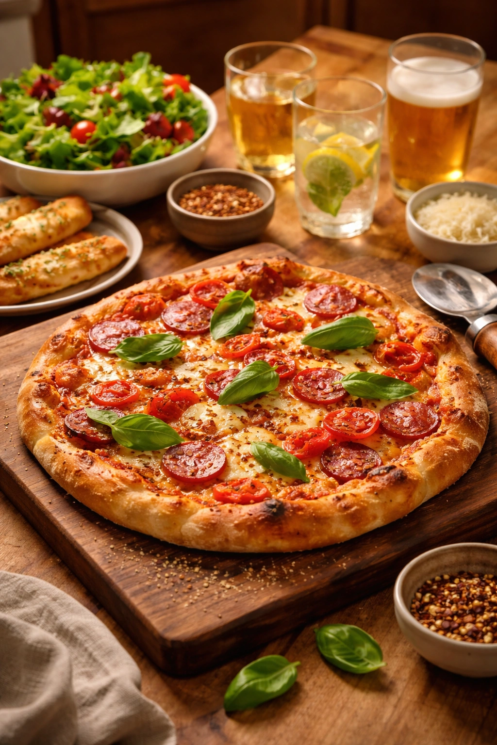 Pizza on wooden board ready to slice