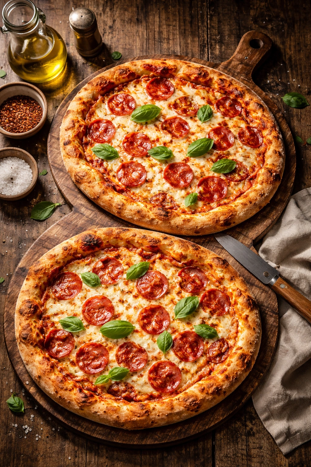 Two cooked pizzas on a wooden board ready to serve
