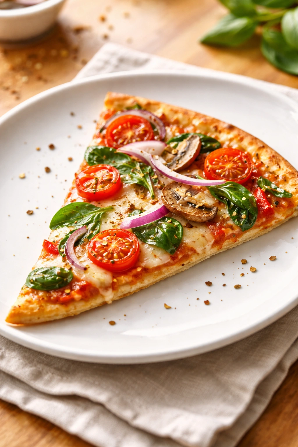 Thin-crust pizza slice with vegetables and light mozzarella