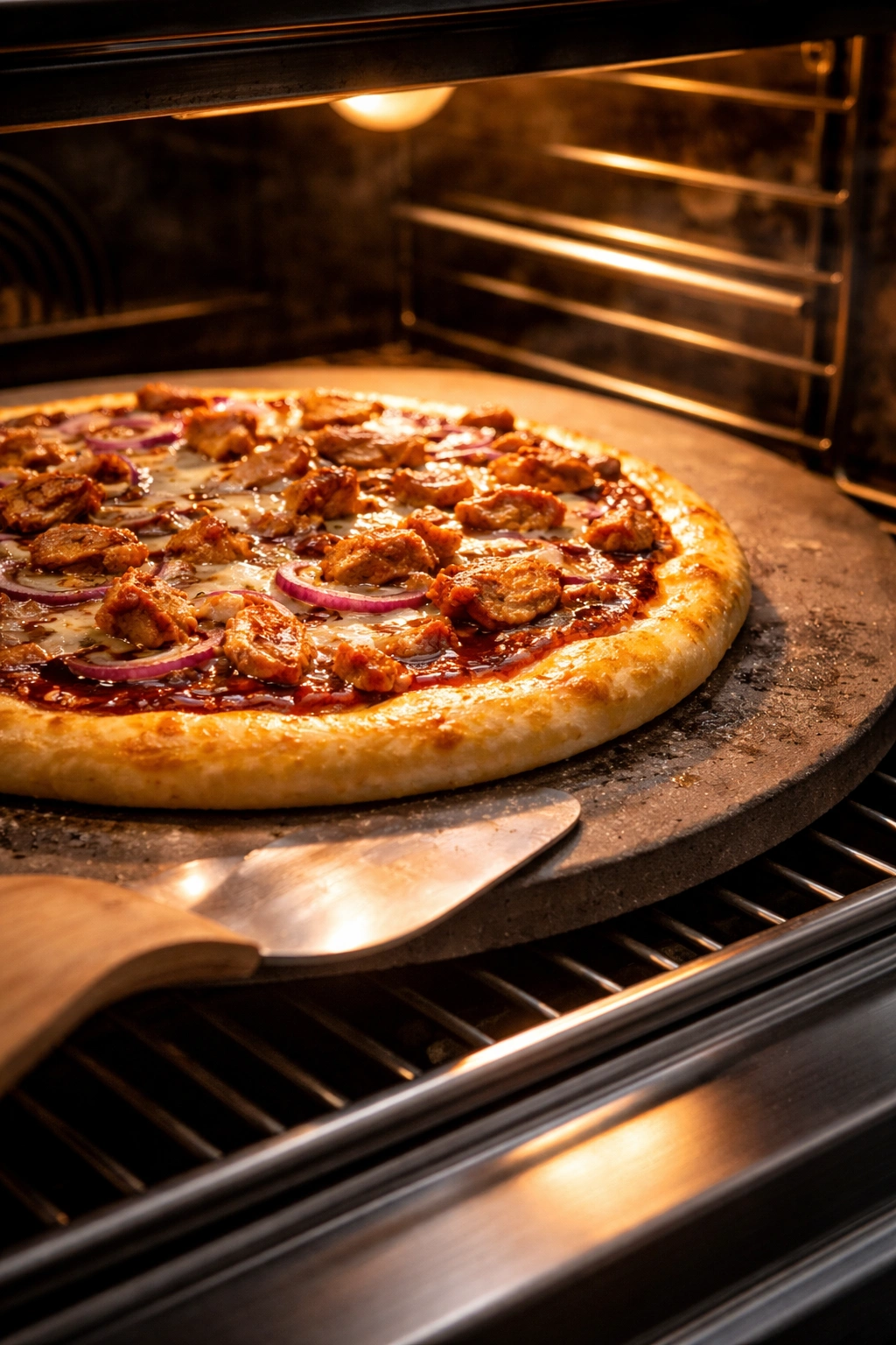 Preheated pizza stone and oil-brushed crust in a professional kitchen