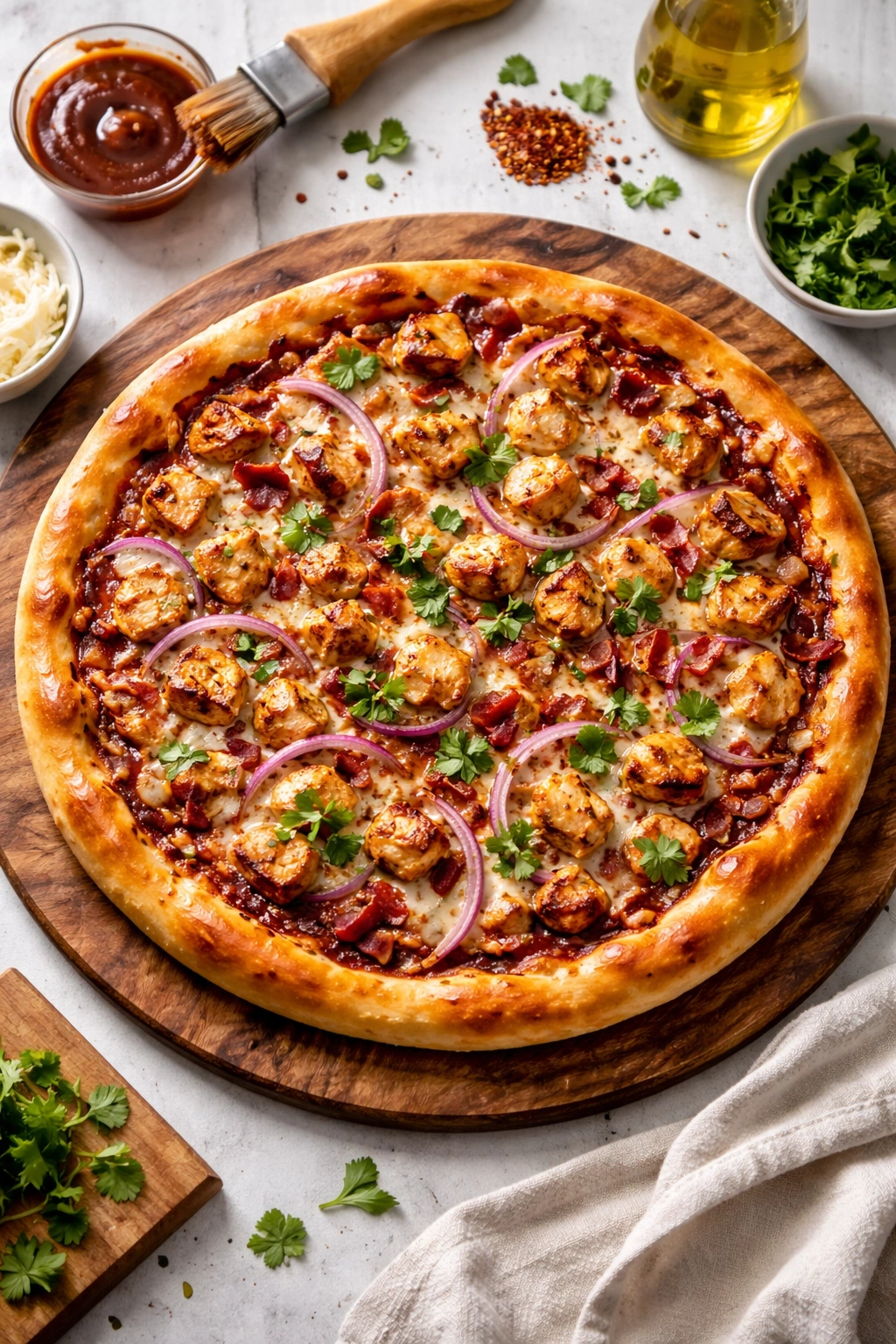 Perfectly baked pizza with thin sauce and single-layer toppings on wooden board