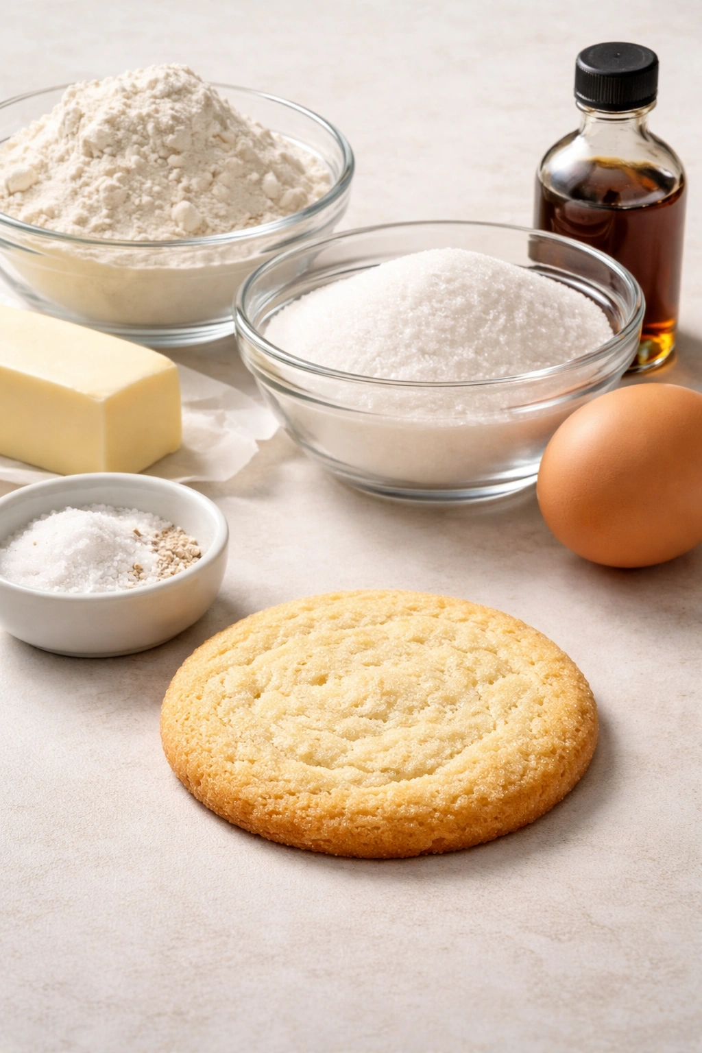 Plain sugar cookie on neutral surface with smooth texture