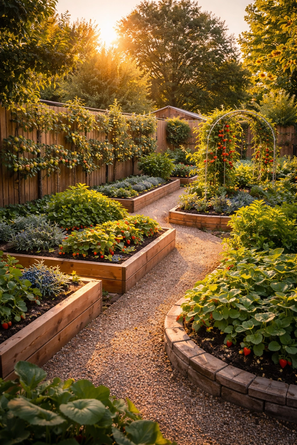 Well-planned fruit garden with espalier trees and raised beds at sunset