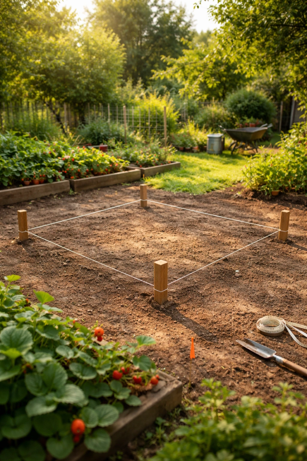 Stakes and string laid out on soil for cage footprint