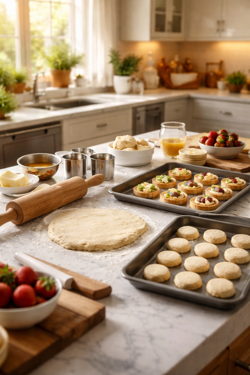 Organized kitchen island with baking trays and dough ready for prep, conveying planning and stress-free hosting