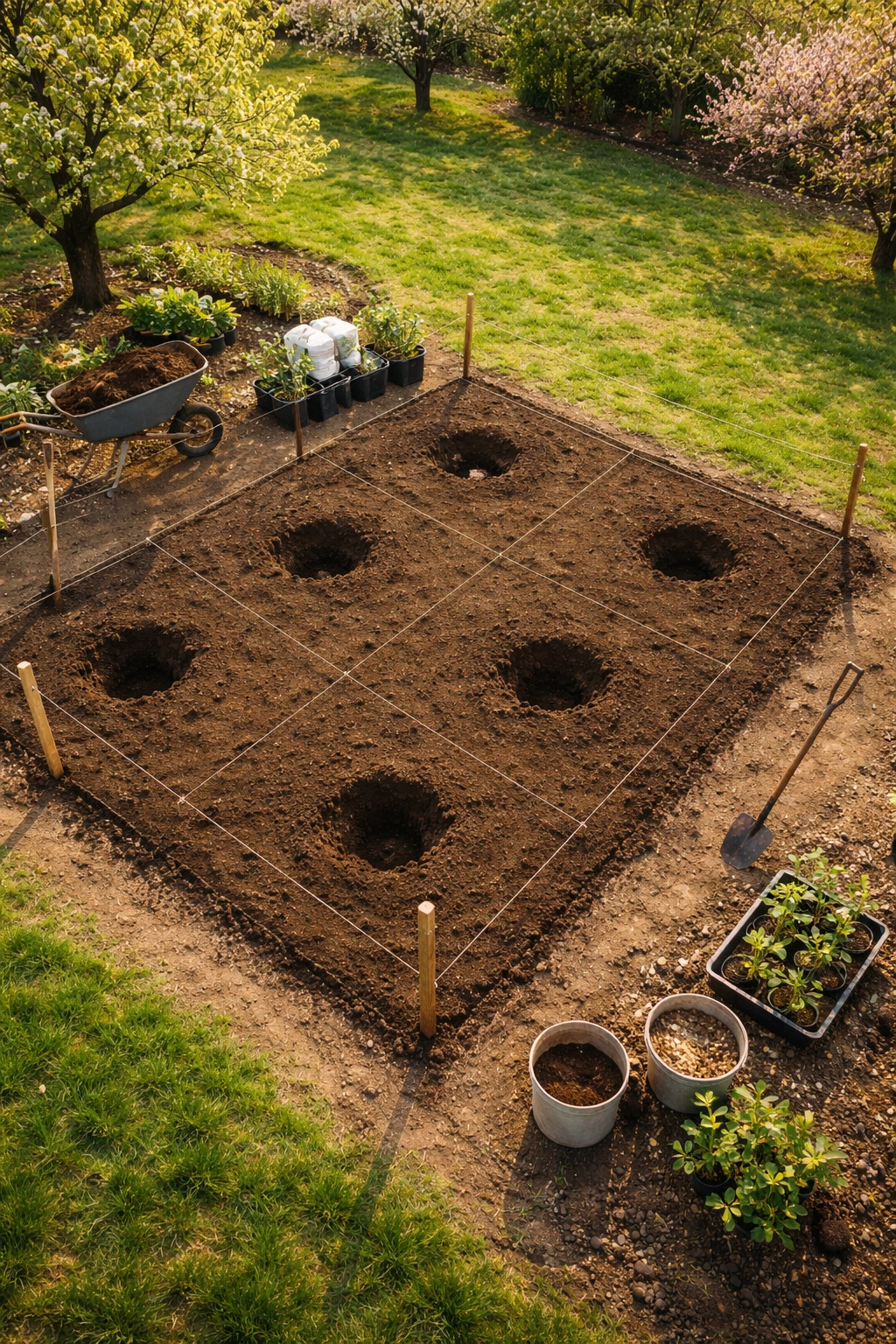A garden bed with string guides and stakes arranged for planting