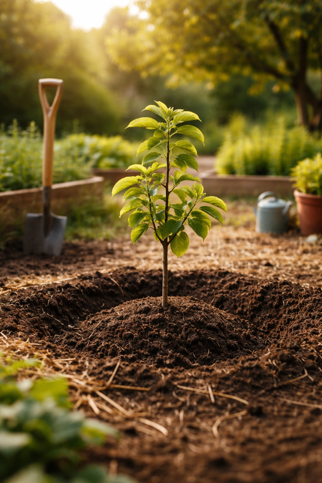 Young fruit tree sapling ready for planting in prepared soil