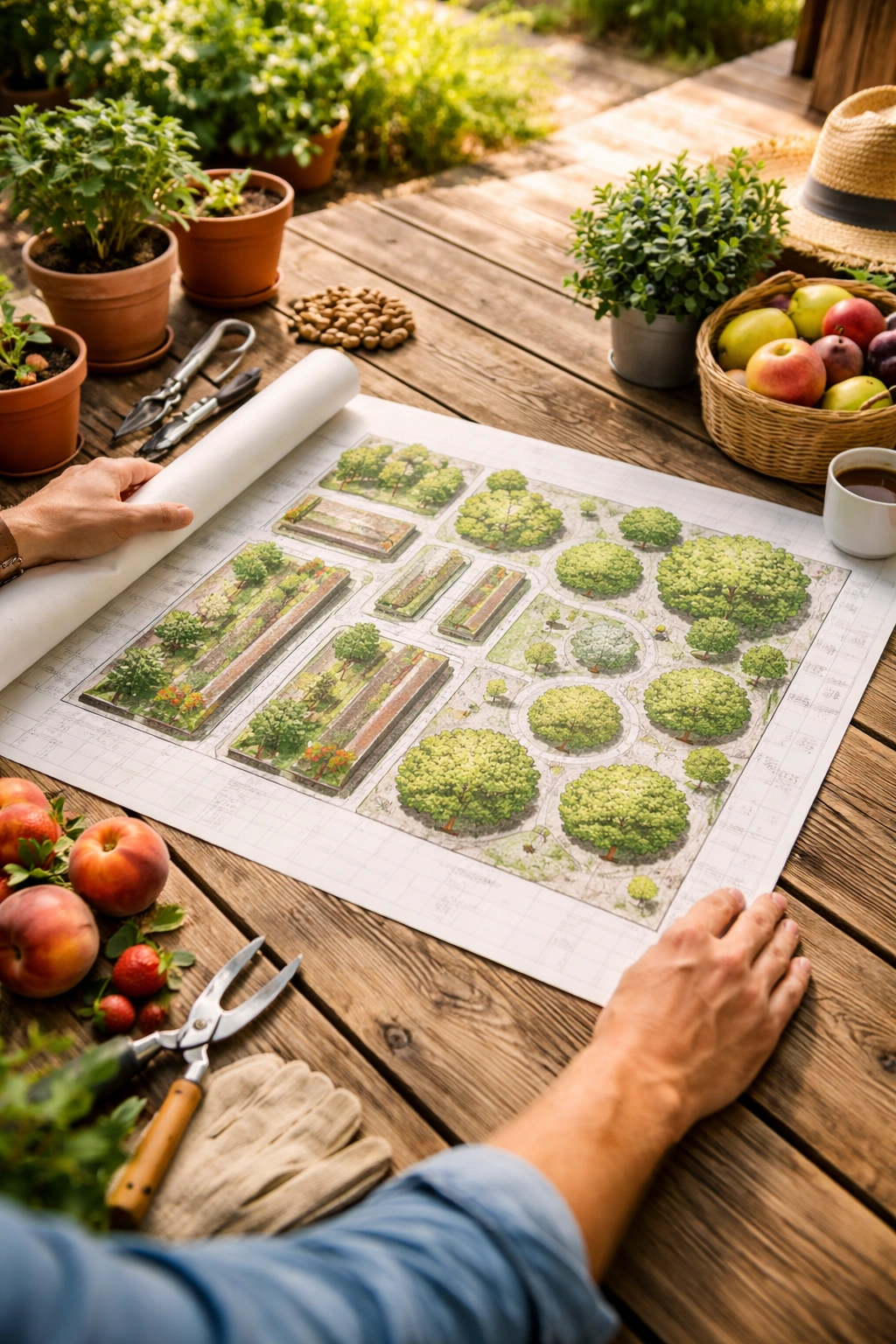 Planning a fruit garden layout on a deck