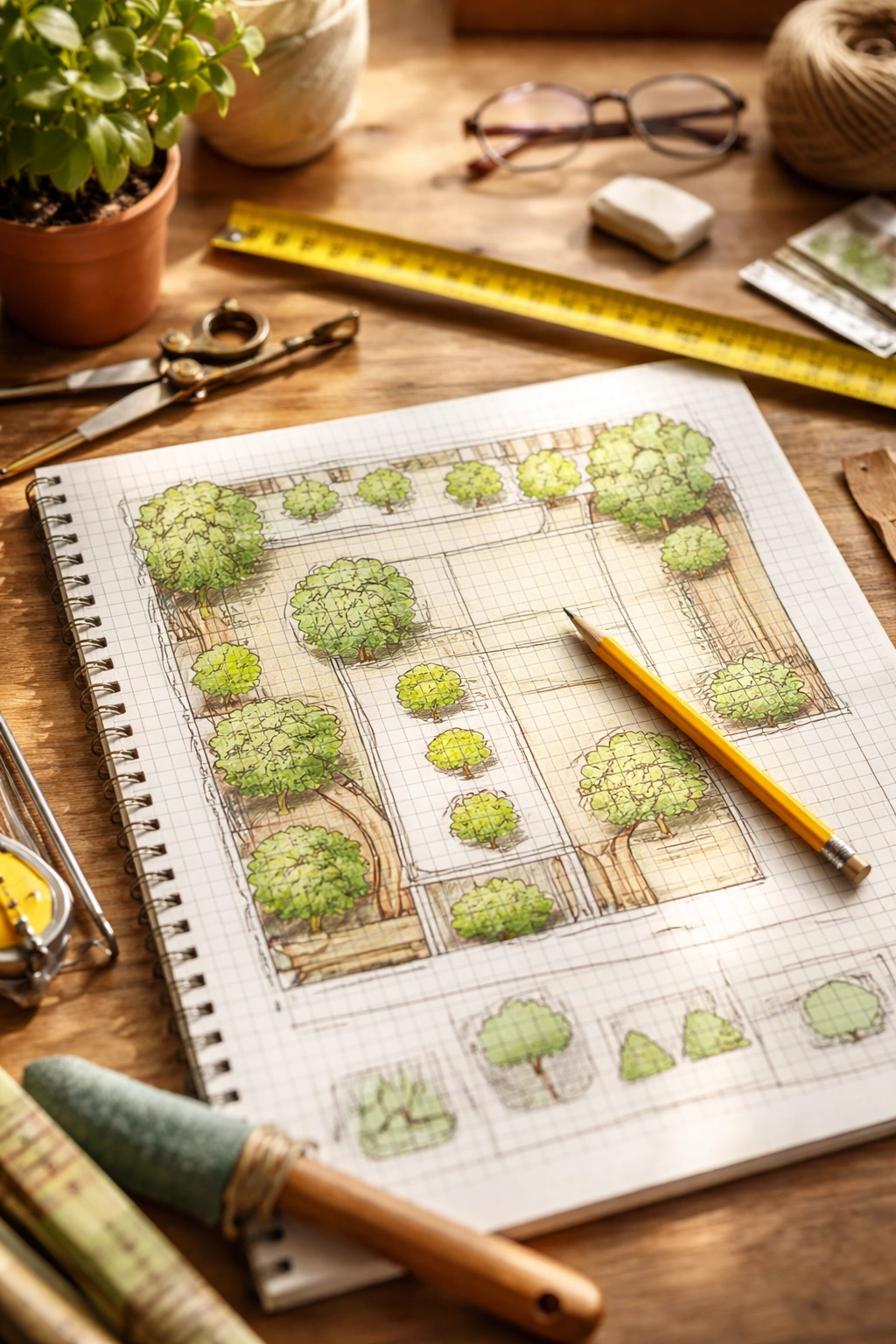Close-up of graph paper with a scaled site map and drafting tools for layout planning