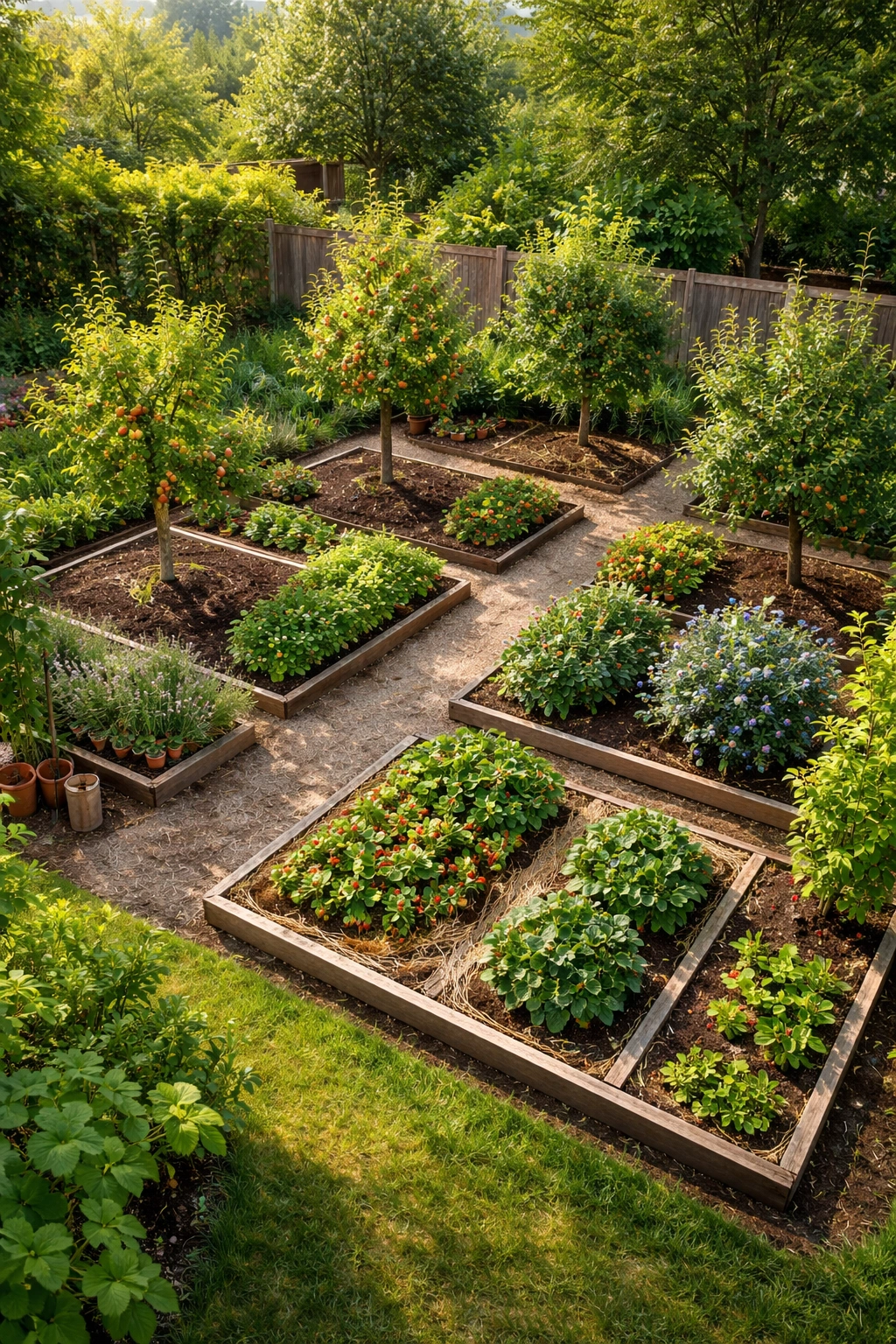 Overhead view of a new fruit garden layout with young trees in bright daylight.