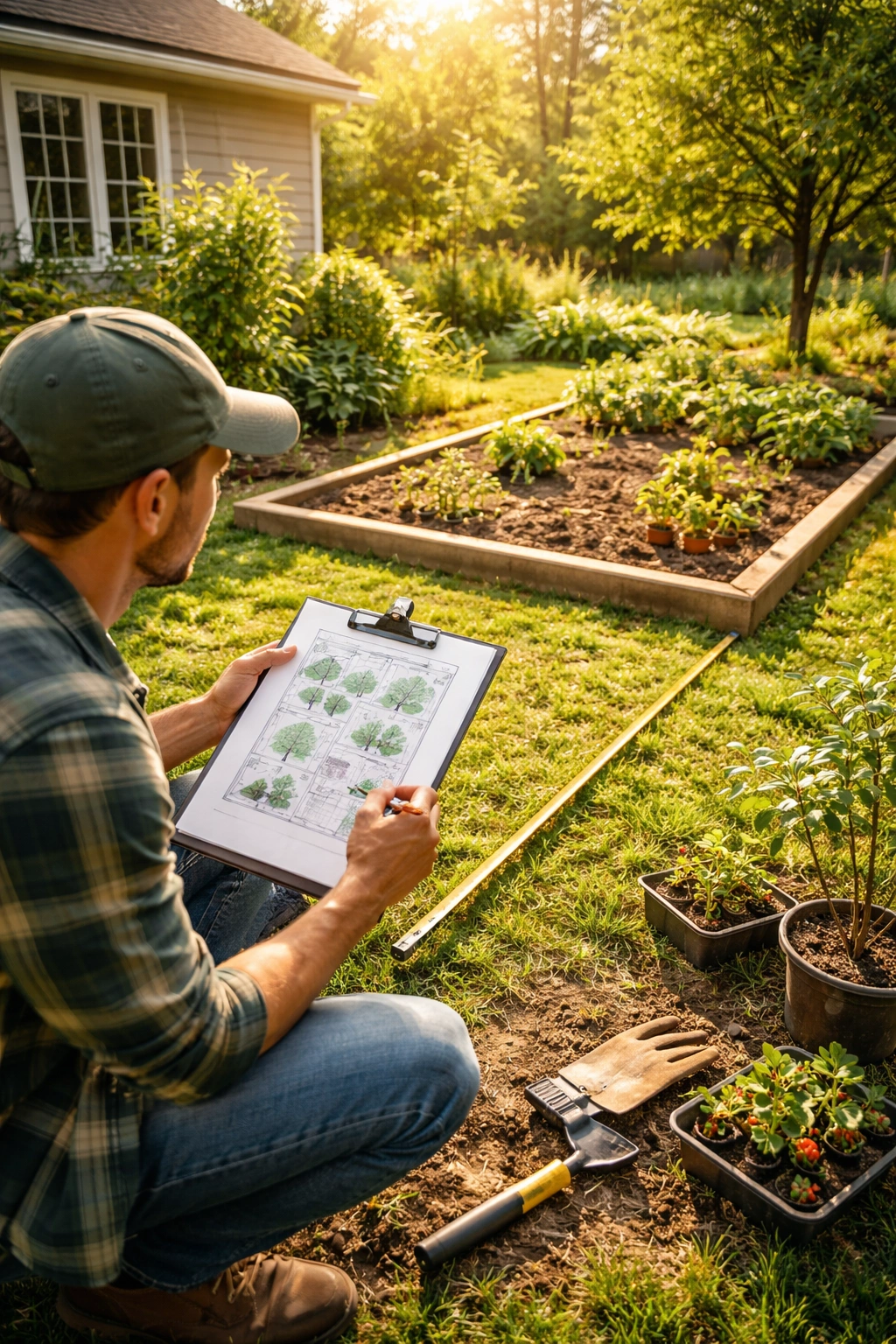 Person planning garden layout with clipboard in a sunlit yard, no text visible