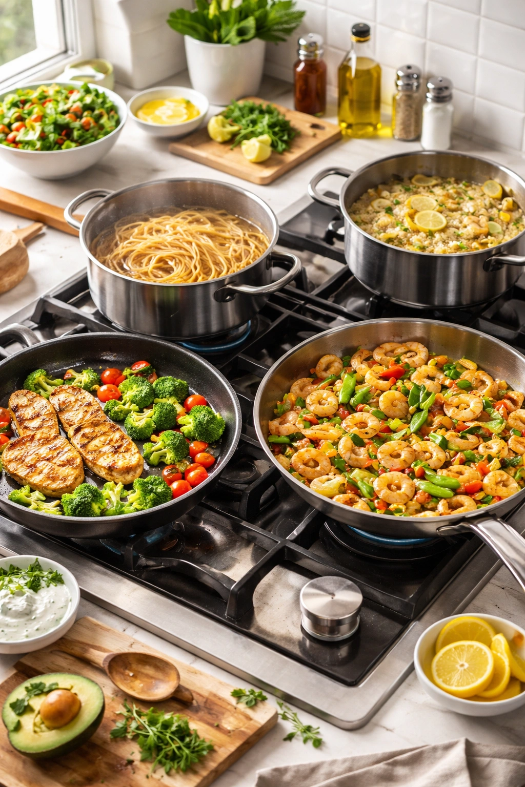 Stovetop with multiple pans cooking in parallel for quick dinner