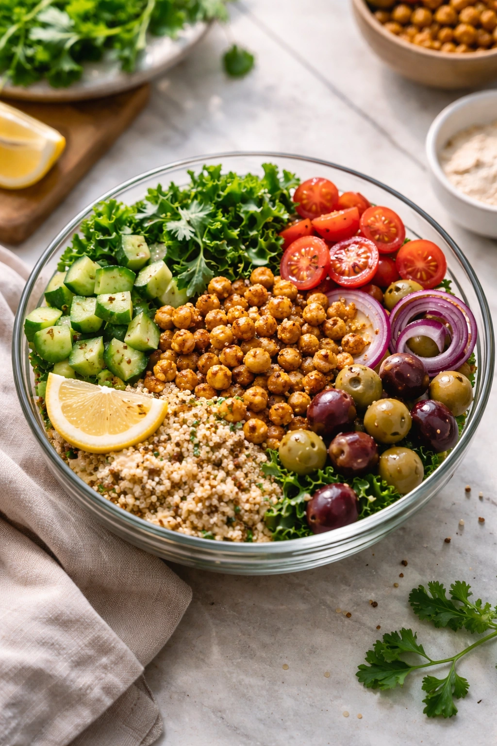 Chickpea power bowl with greens and vegetables in a glass bowl.