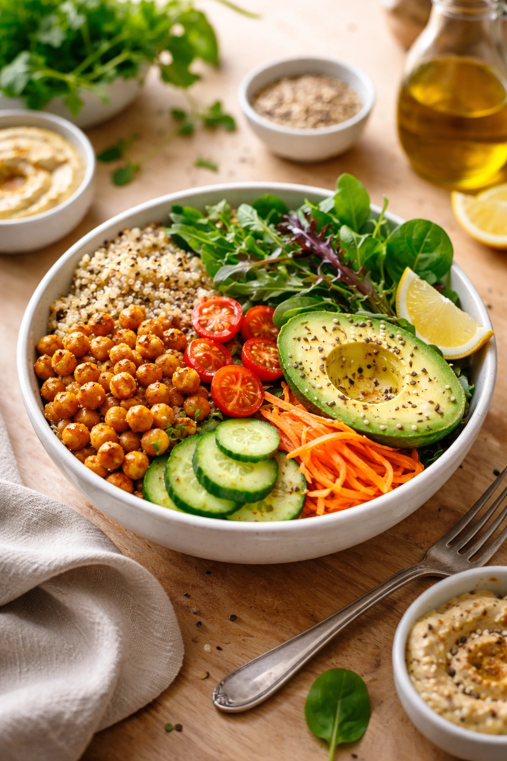 Plant-based lunch bowl with chickpeas, quinoa, avocado and greens