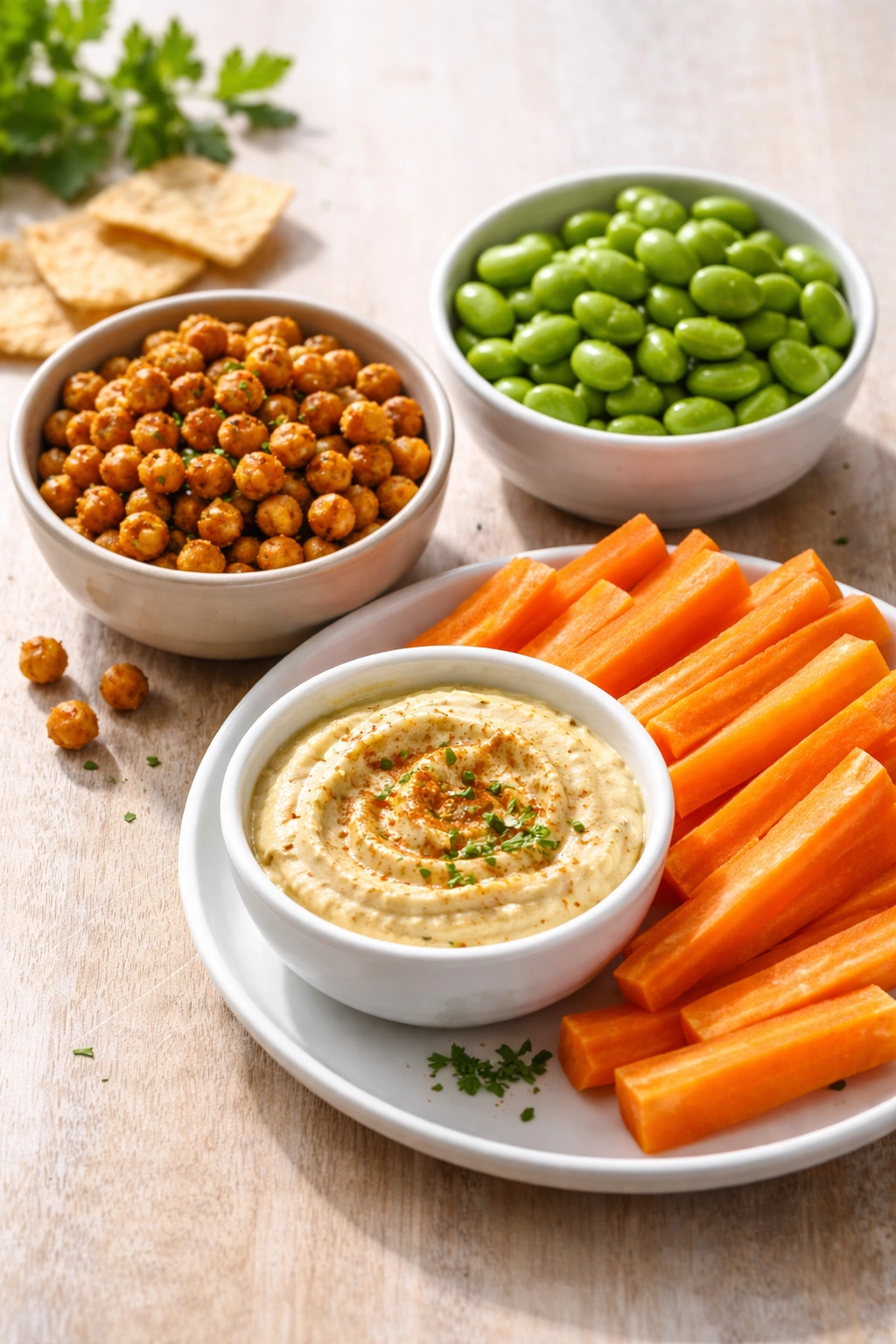 Plant-based protein snacks including chickpeas, edamame, and hummus with veggies