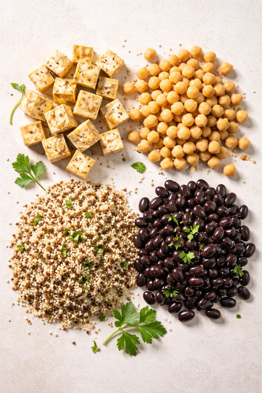 Assorted plant-based protein sources including tofu, chickpeas, beans, and quinoa