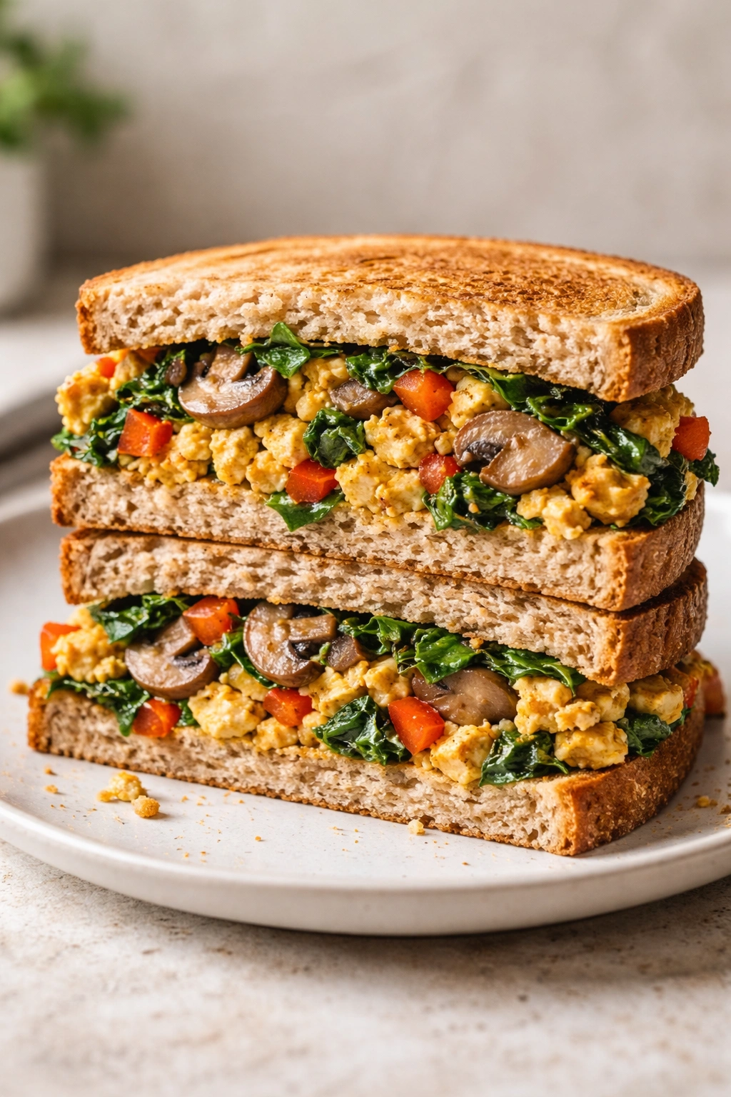 Cross-section of a plant-based veggie scramble sandwich with tofu, mushrooms, spinach, and peppers