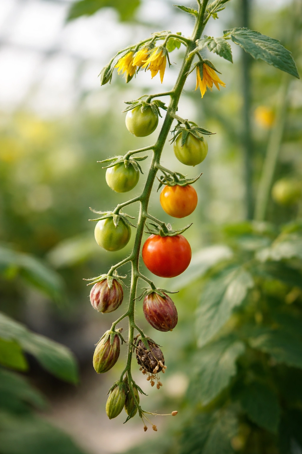 Stem with seed pods at varying maturities illustrating multi-generational plant breeding
