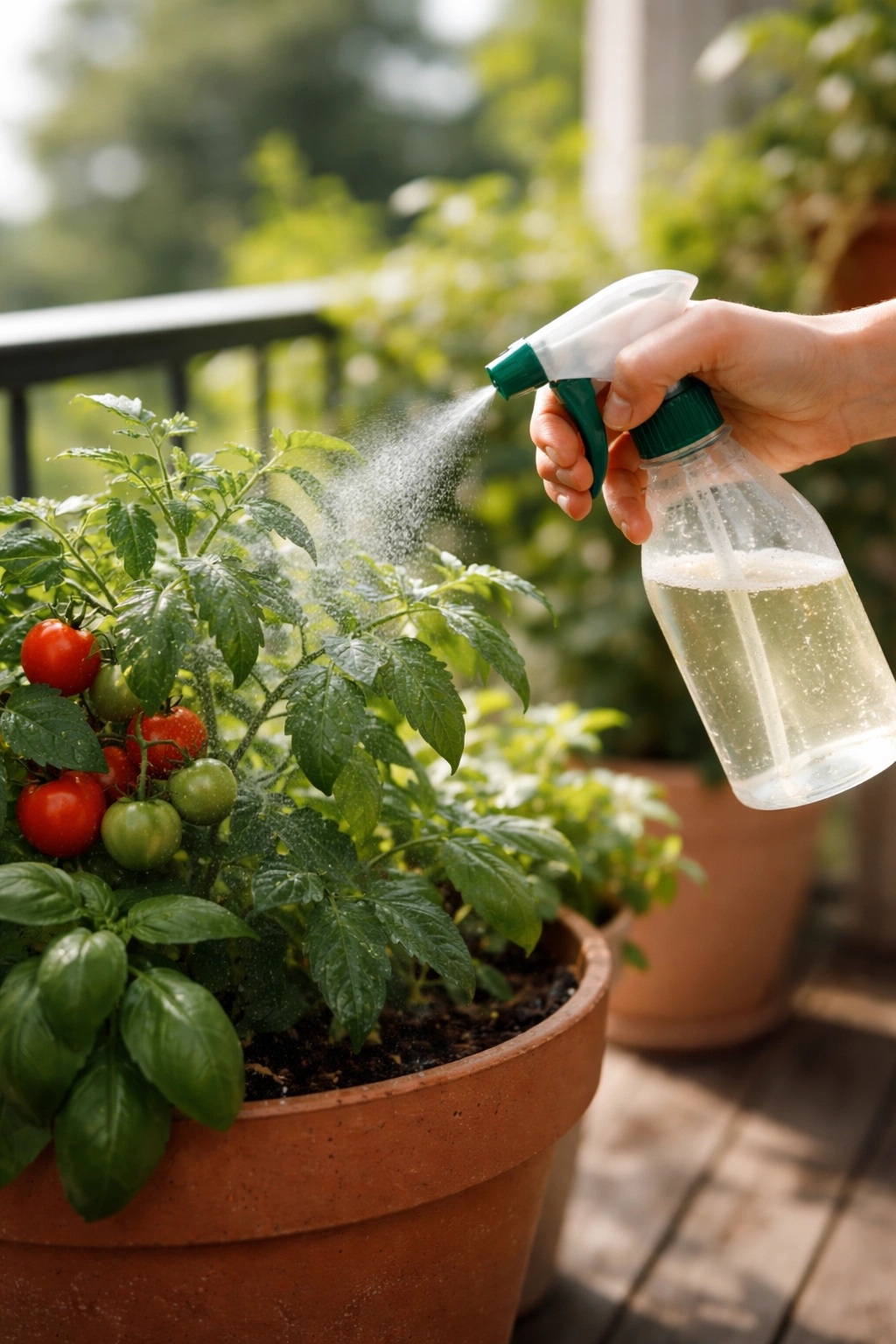 Hand applying liquid fertilizer to a potted plant