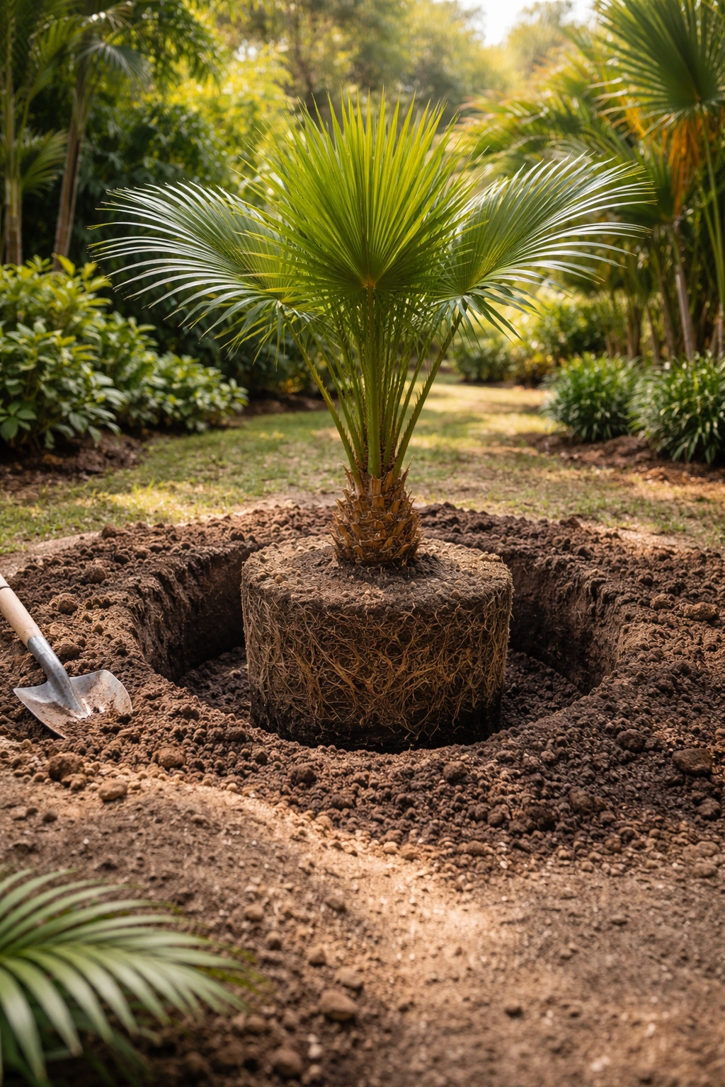 Palm root ball in planting hole ready for backfill.