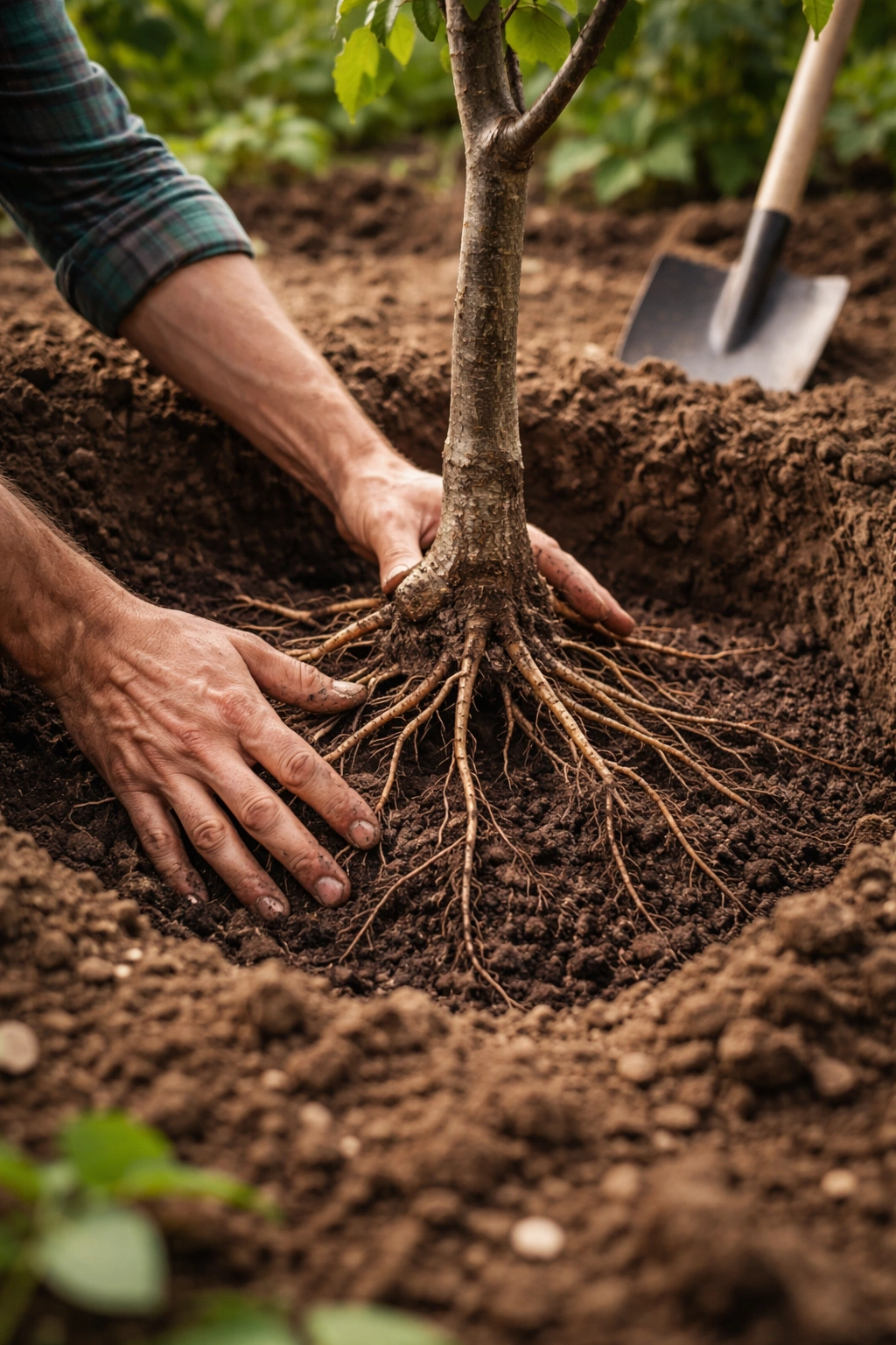 Hands planting a bare-root fruit tree into a planting hole