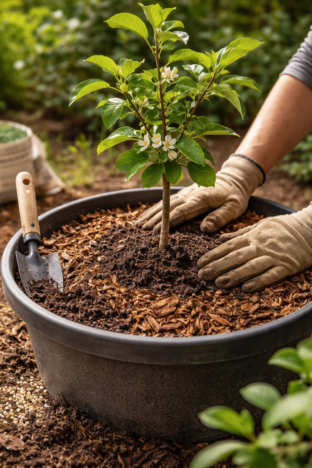 Young fruit plant in a pot with fresh compost and mulch