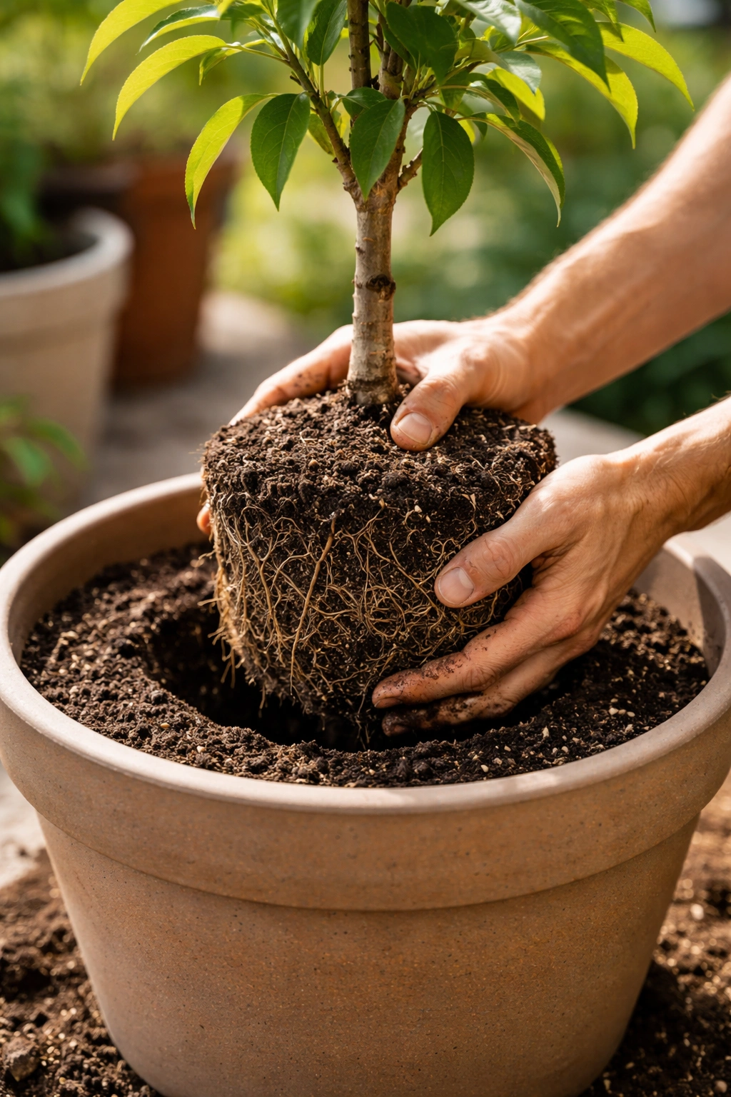 Hands placing a tree root ball into a container with fresh potting mix
