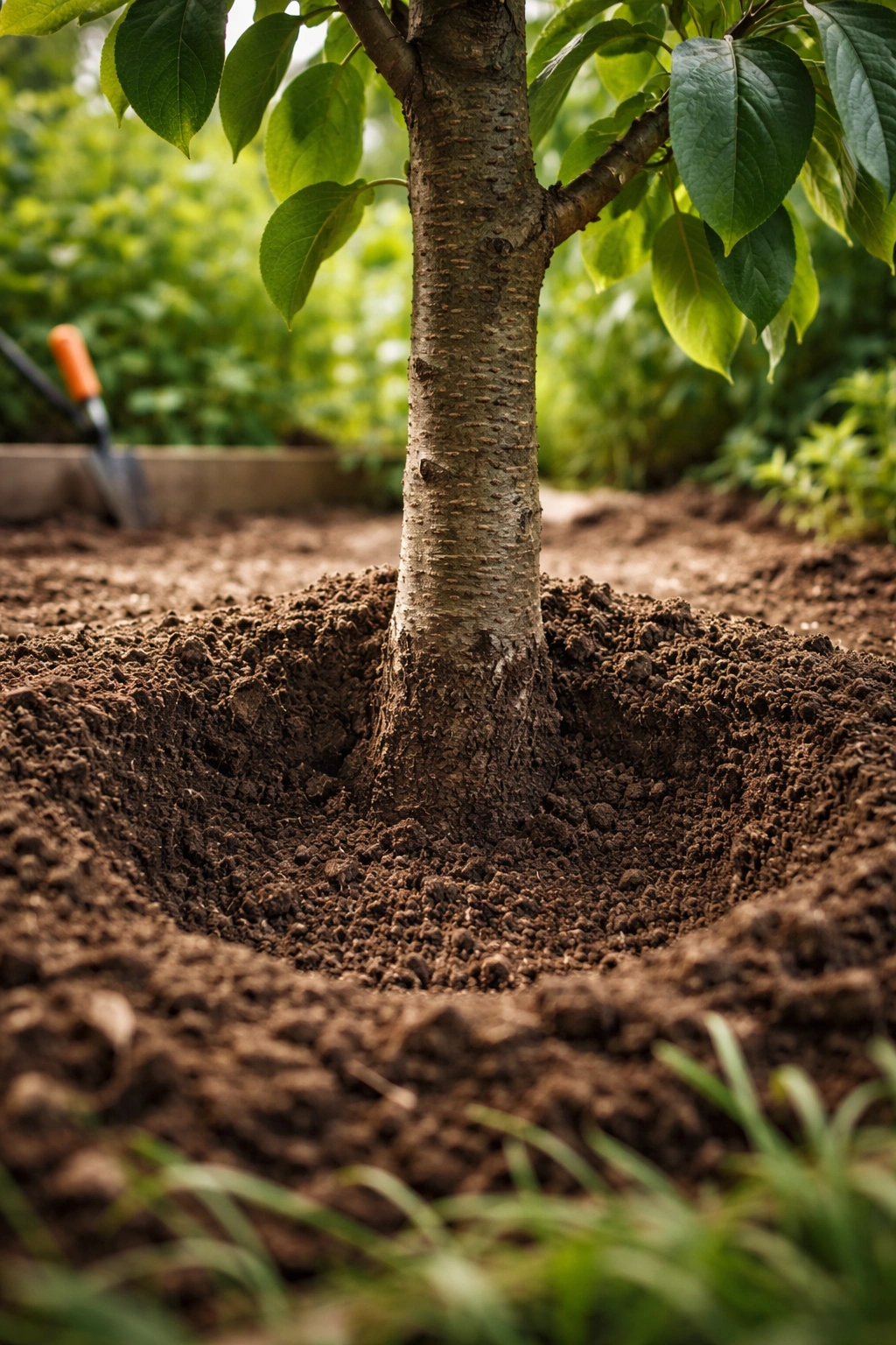 Fruit tree planted too deeply with trunk below soil