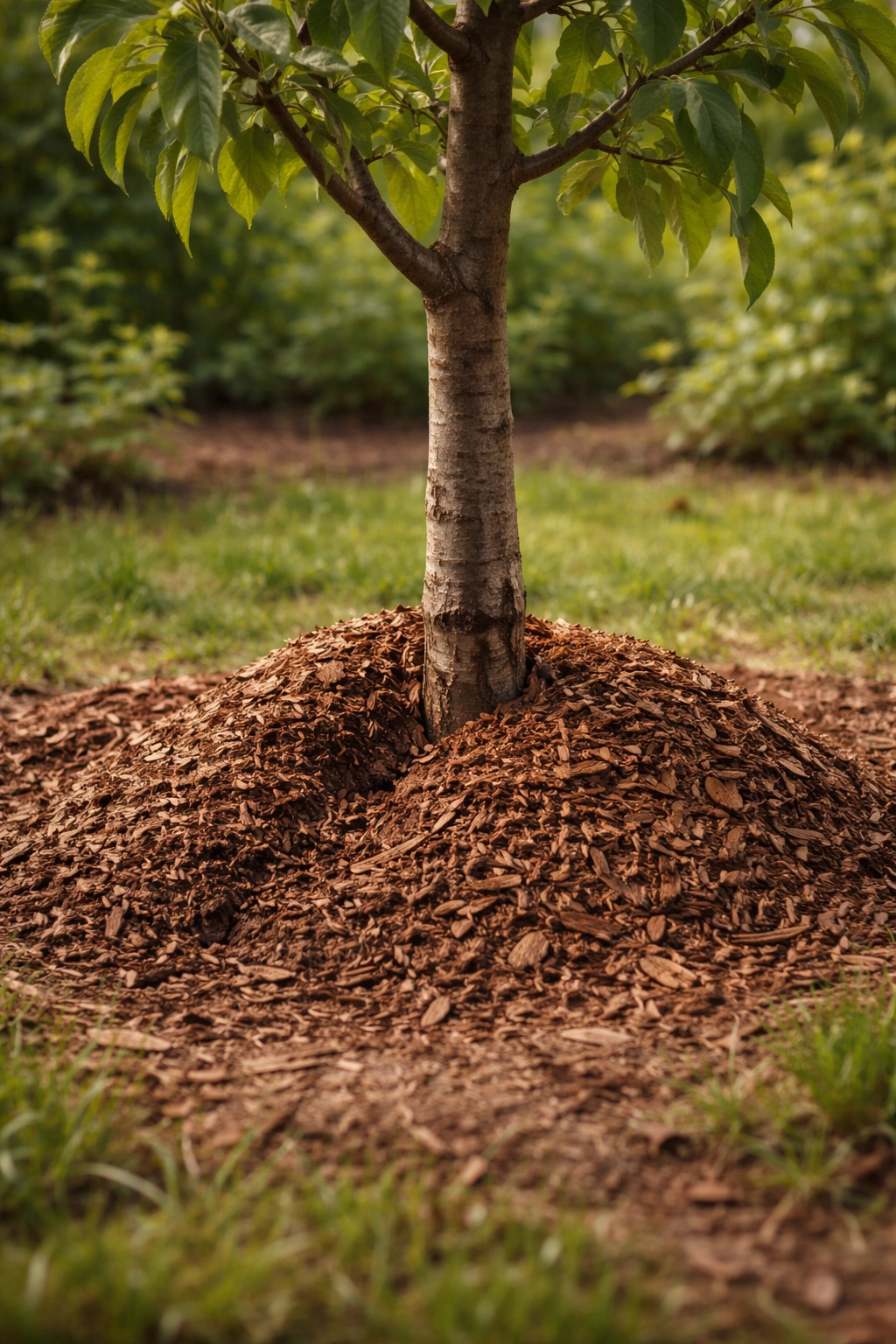 Tree with deep planting and volcano mulch at the base illustrating mistakes