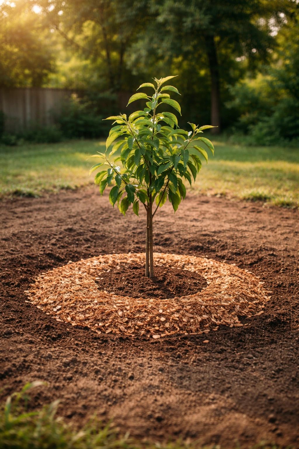 Young fruit tree sapling in prepared garden bed.