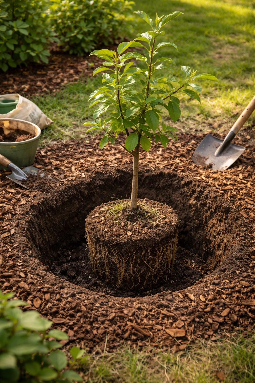 Young fruit tree being planted into a planting hole.