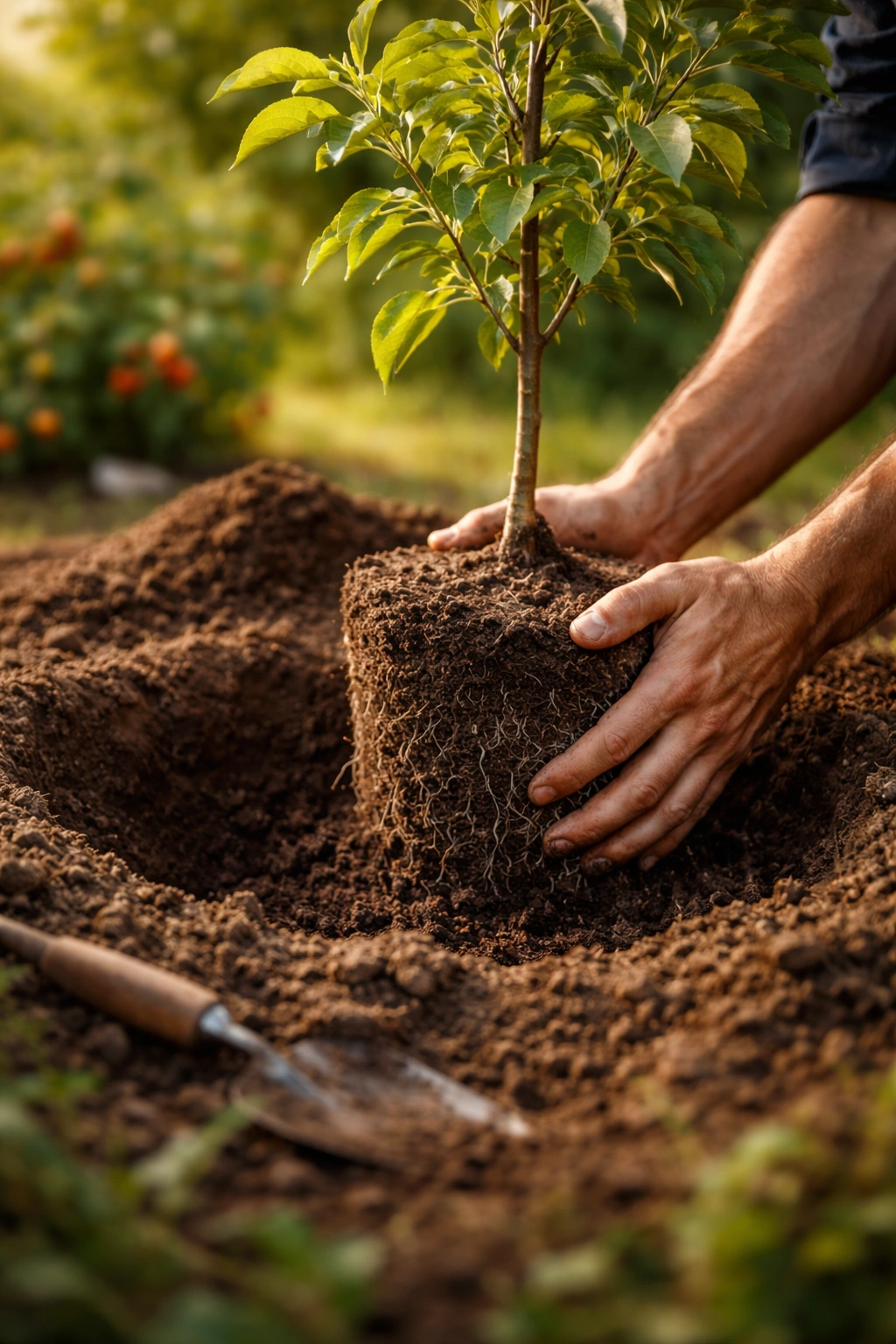 Hands placing a young fruit tree into a planted hole in a sunny garden.