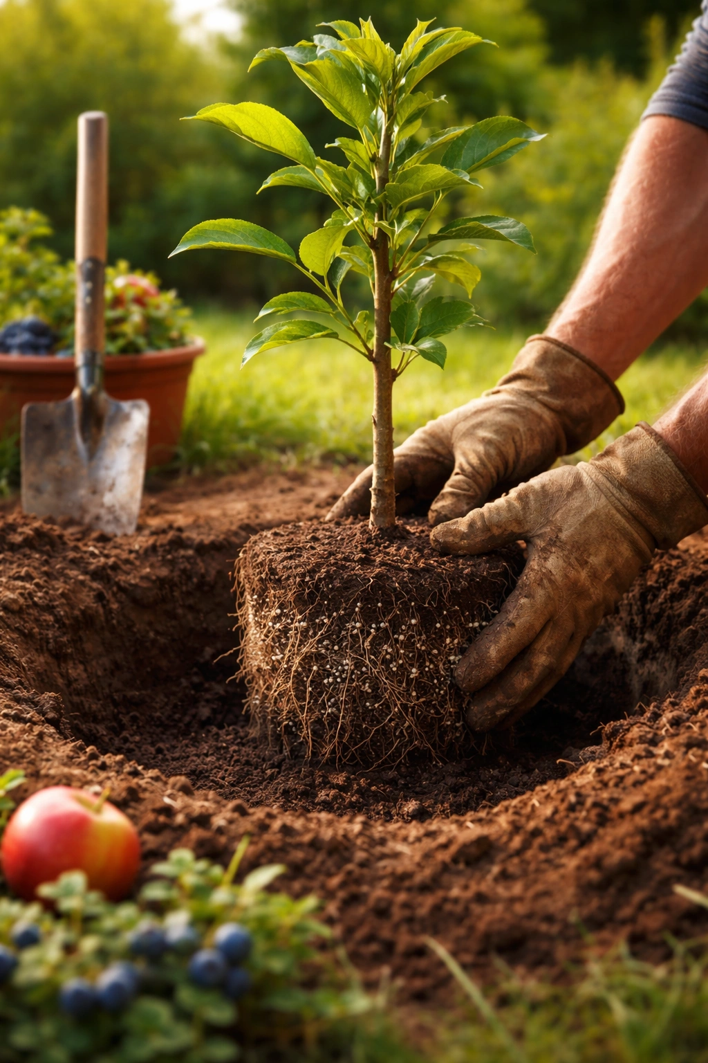 Close-up of a sapling being planted in soil, root ball visible.