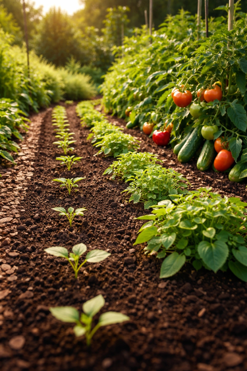 Garden row showing seedling to harvest-ready plants