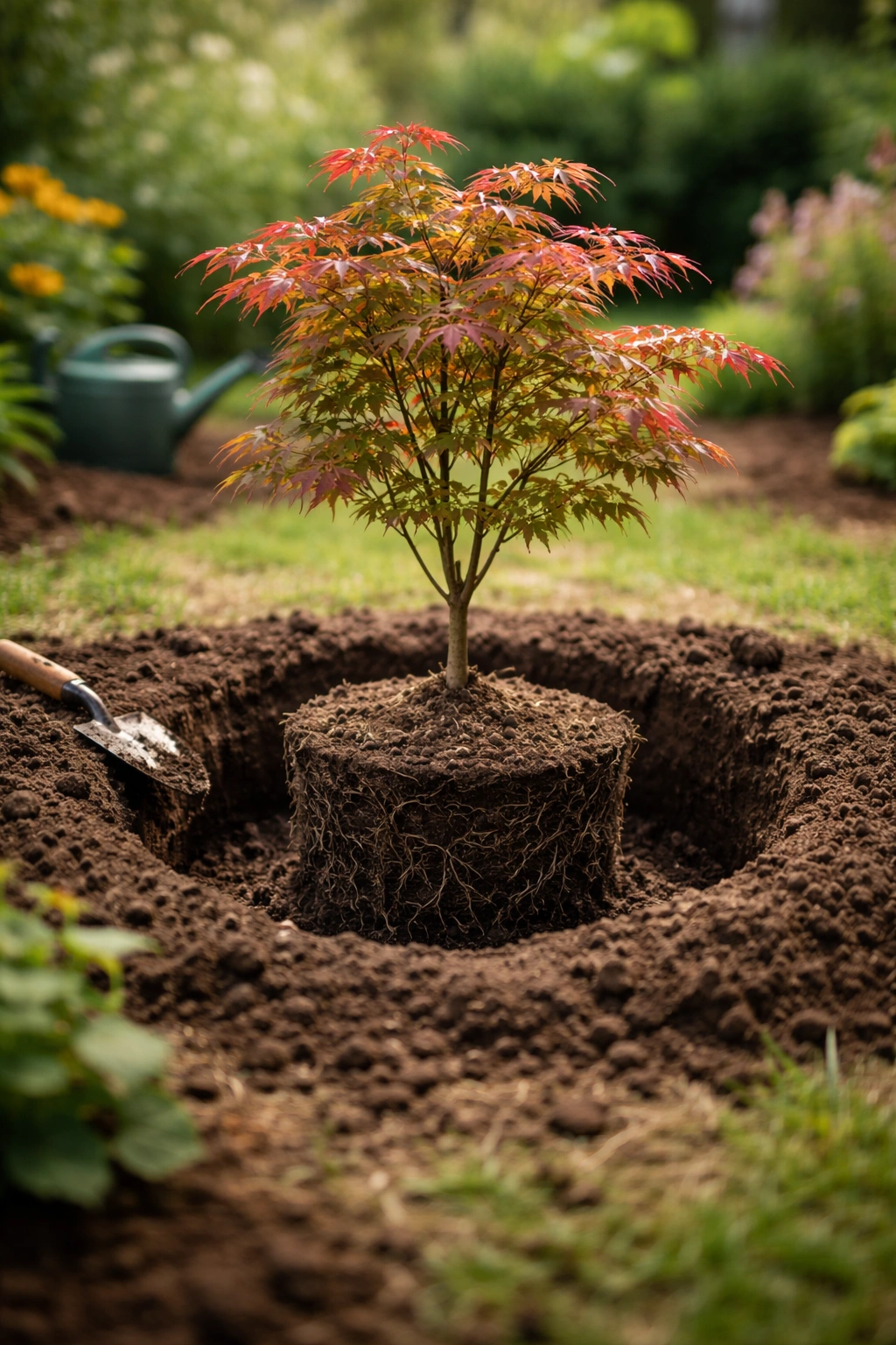 Young Japanese maple planted in prepared hole with soil around root ball