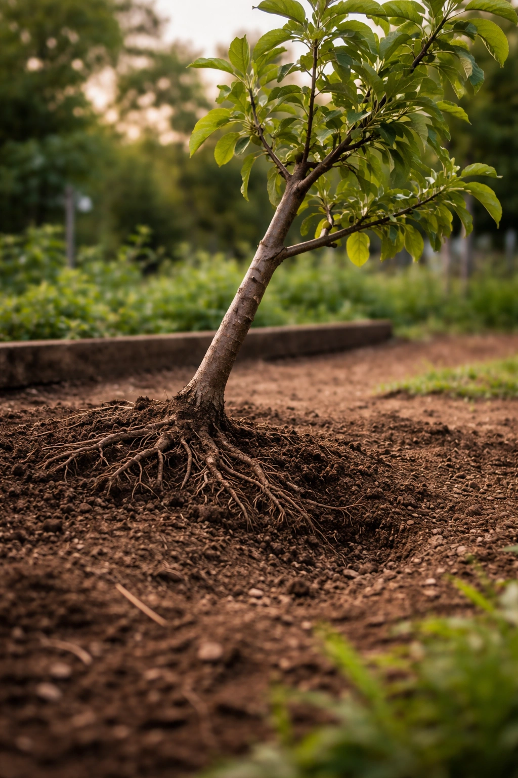 Small tree planted at an improper angle with exposed roots
