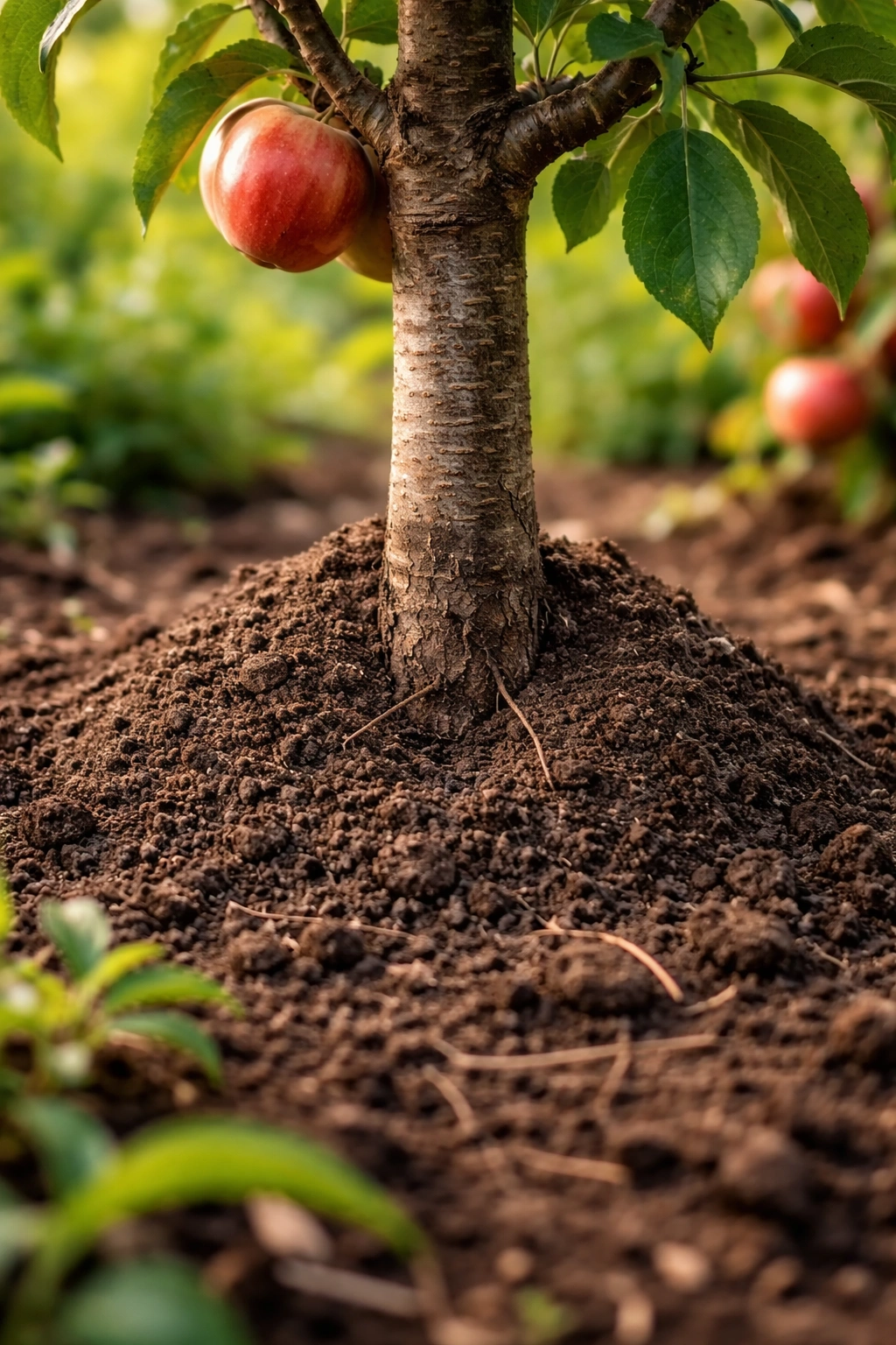 Soil mounded around the trunk of a young fruit tree illustrating planting mistake.