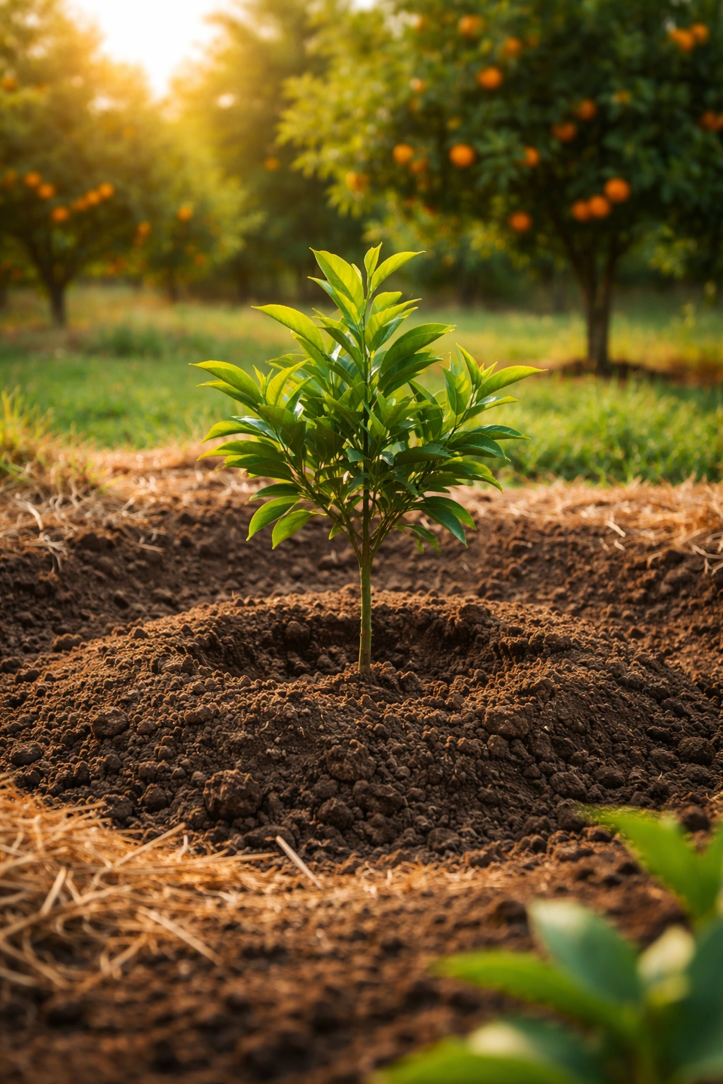 Young orange tree planted in a prepared hole in garden soil