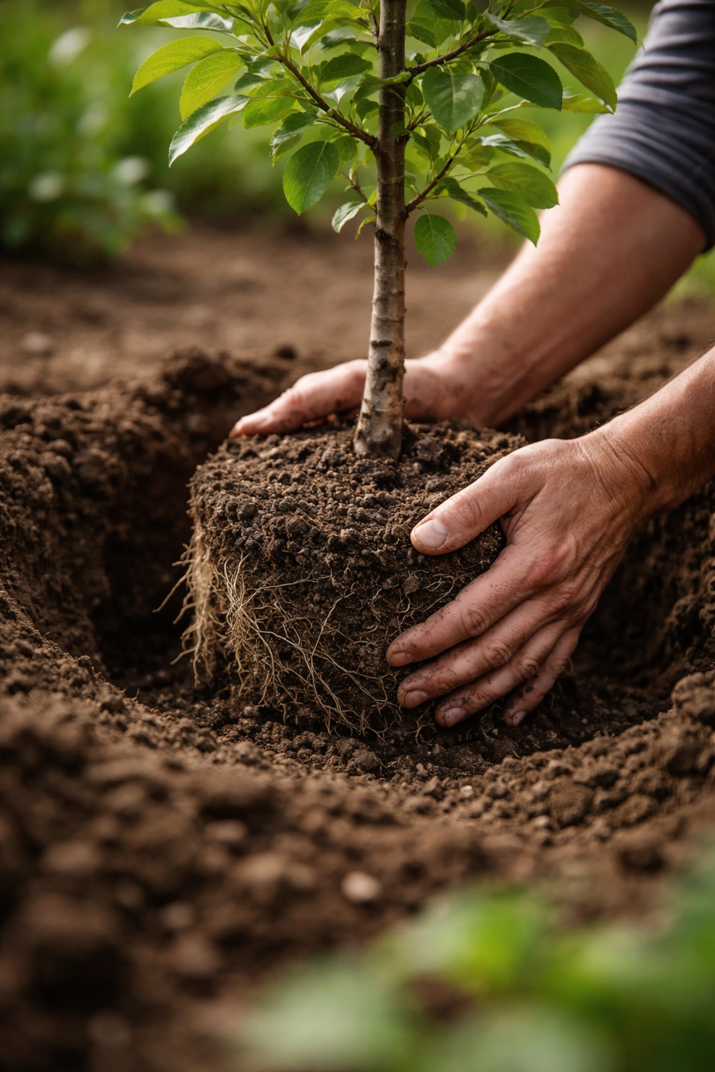Hands planting a young tree into a prepared hole with loose soil