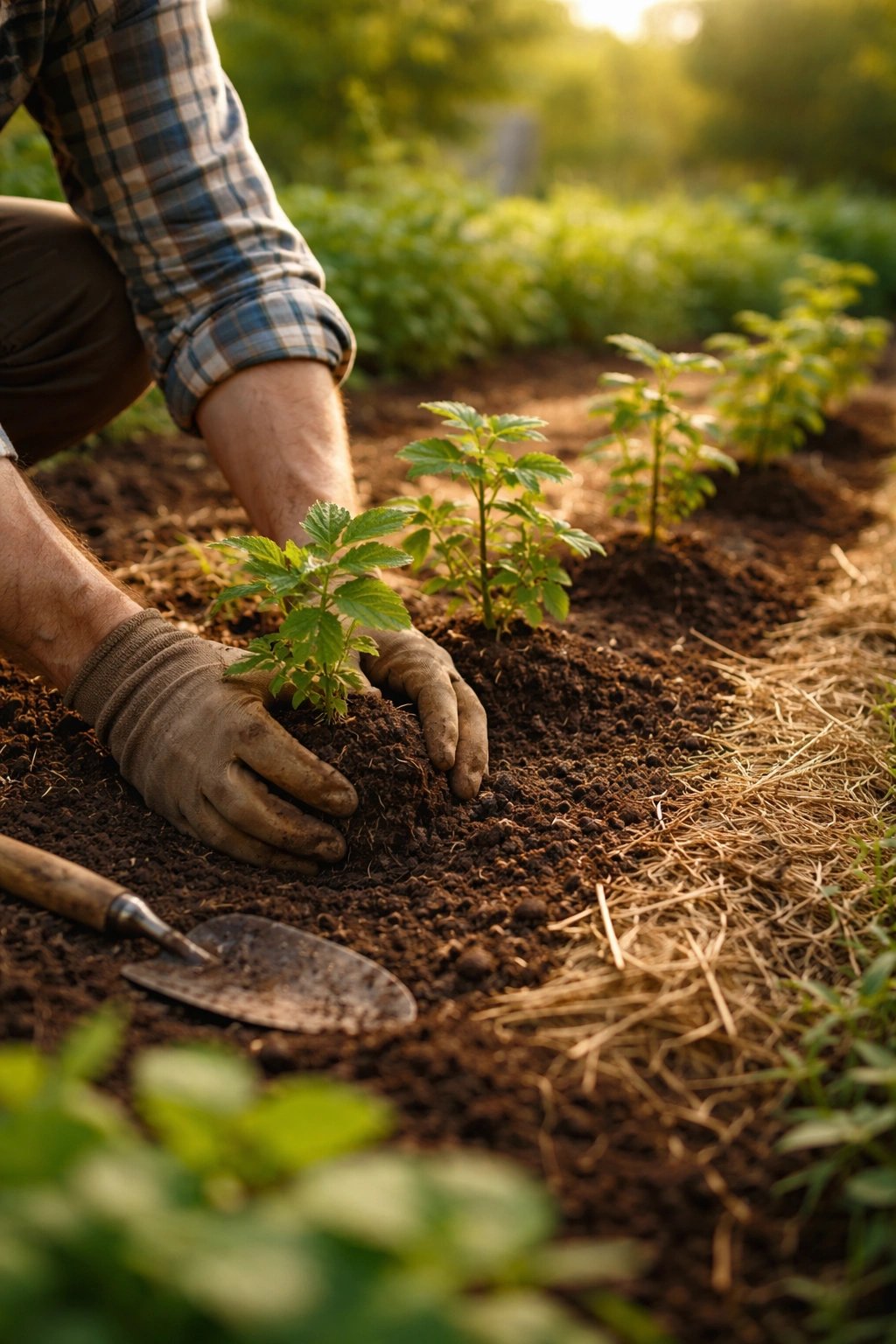 Hands planting berry transplants in prepared garden bed