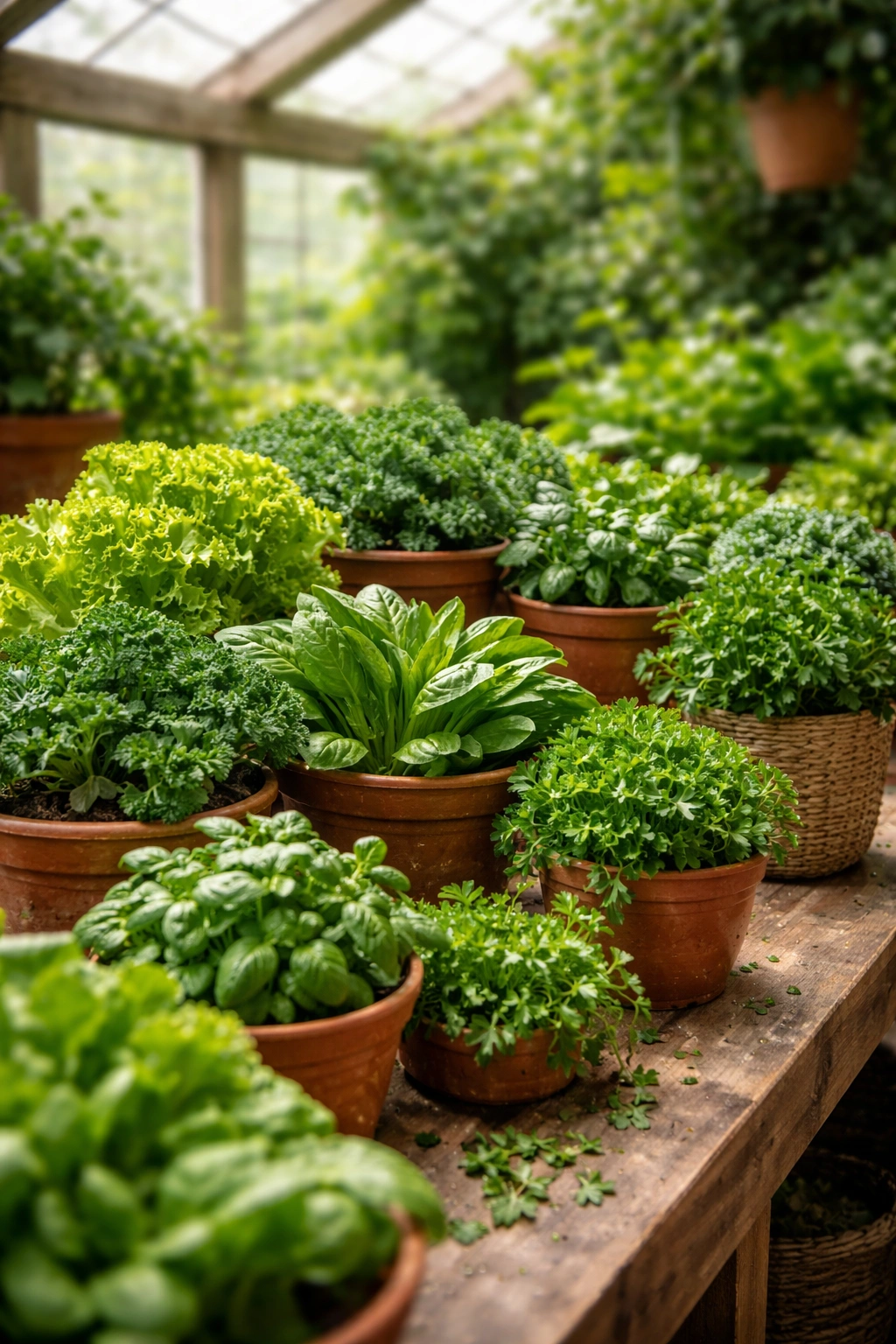 Close-up of diverse edible plants arranged on a wooden table in a greenhouse