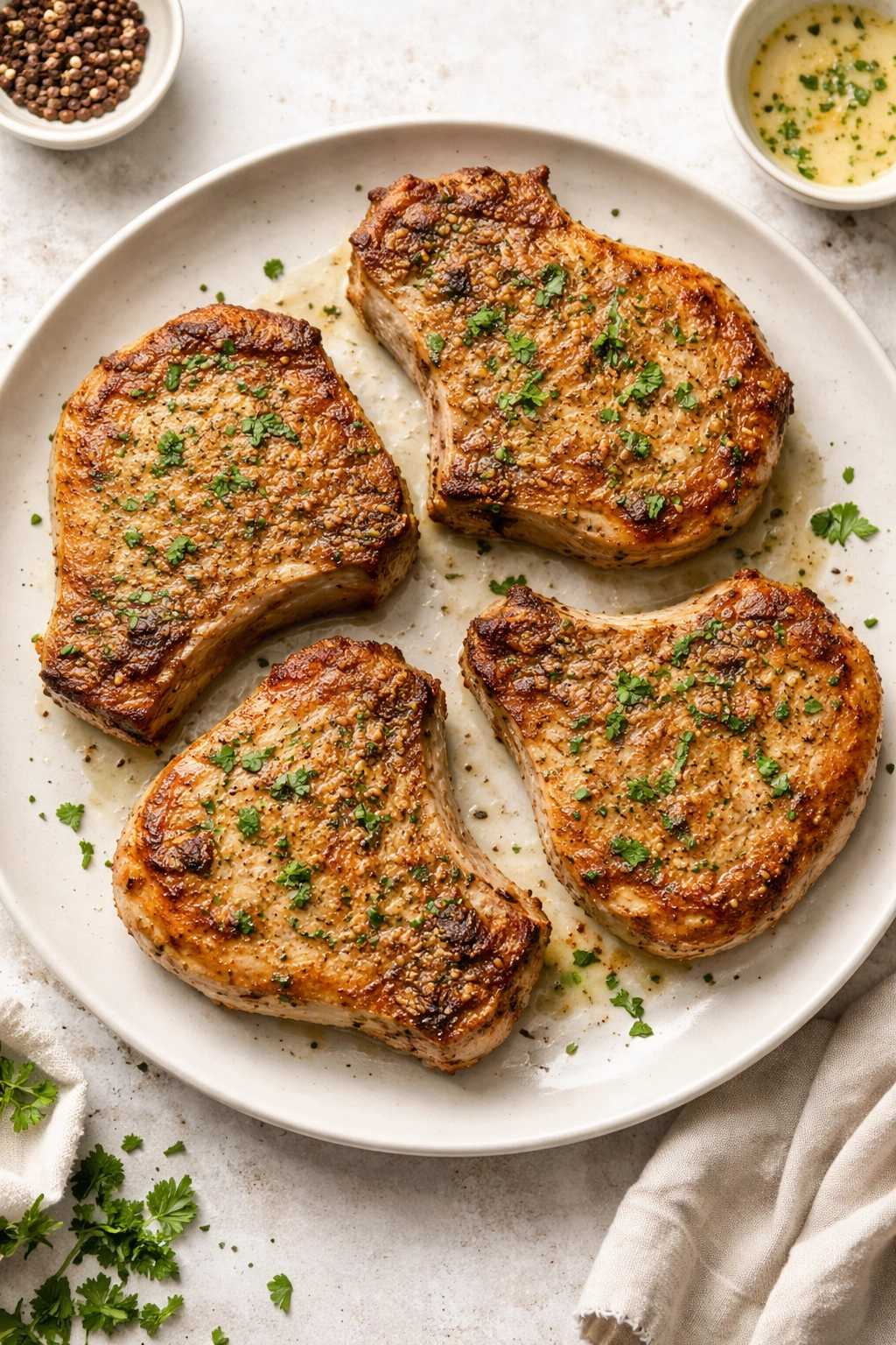 Four baked pork chops on a plain plate