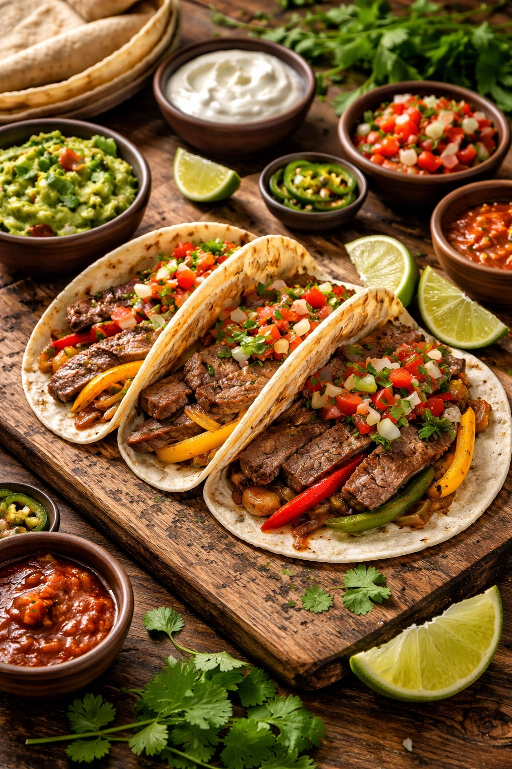 Plate of steak fajitas with tortillas and toppings