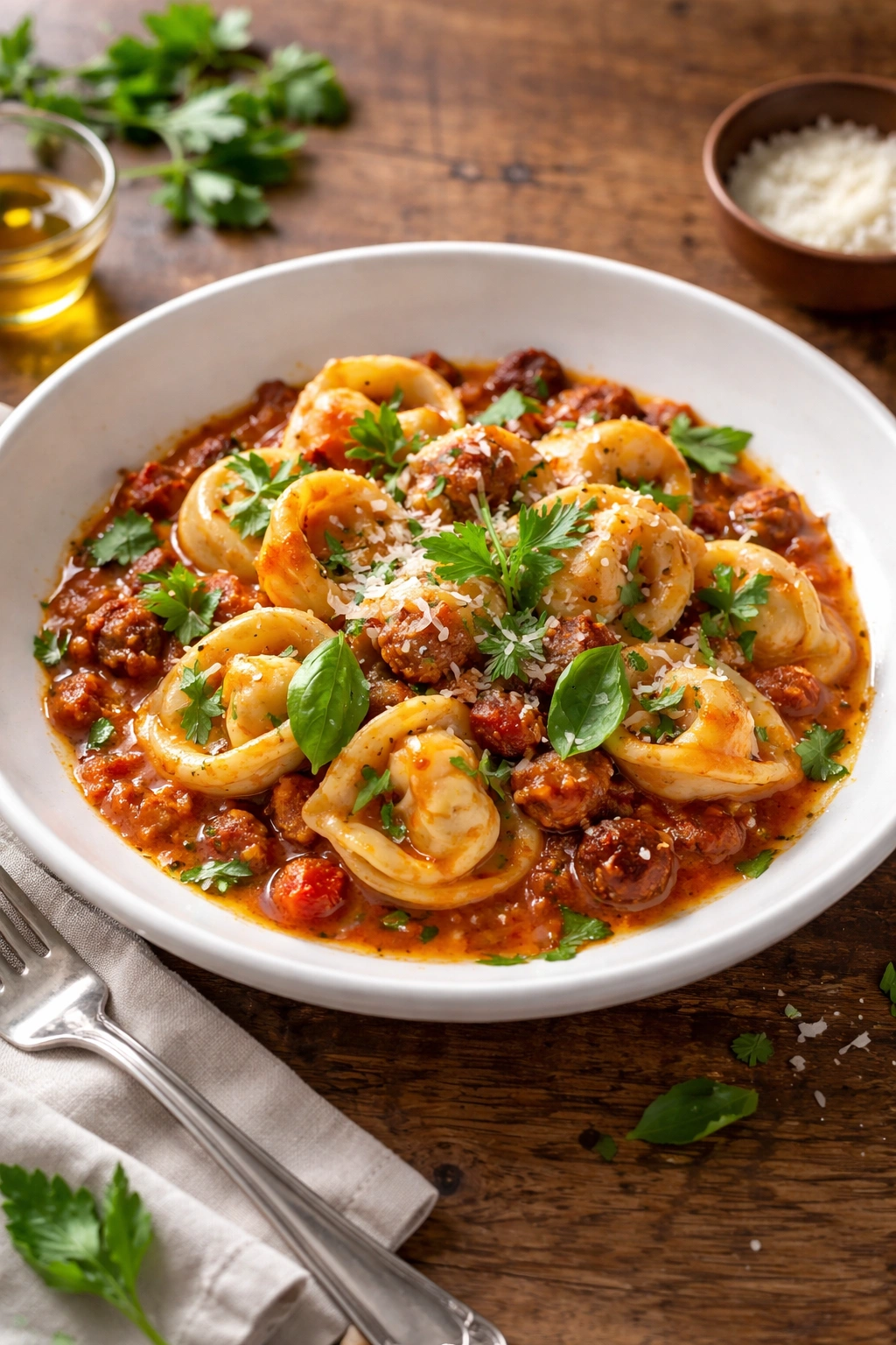 Artfully plated sausage tortellini with fresh herbs and olive oil drizzle.