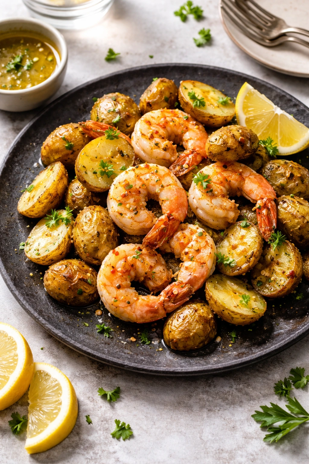 Plate of air fryer shrimp and potatoes, ready to serve, with butter and garnish.